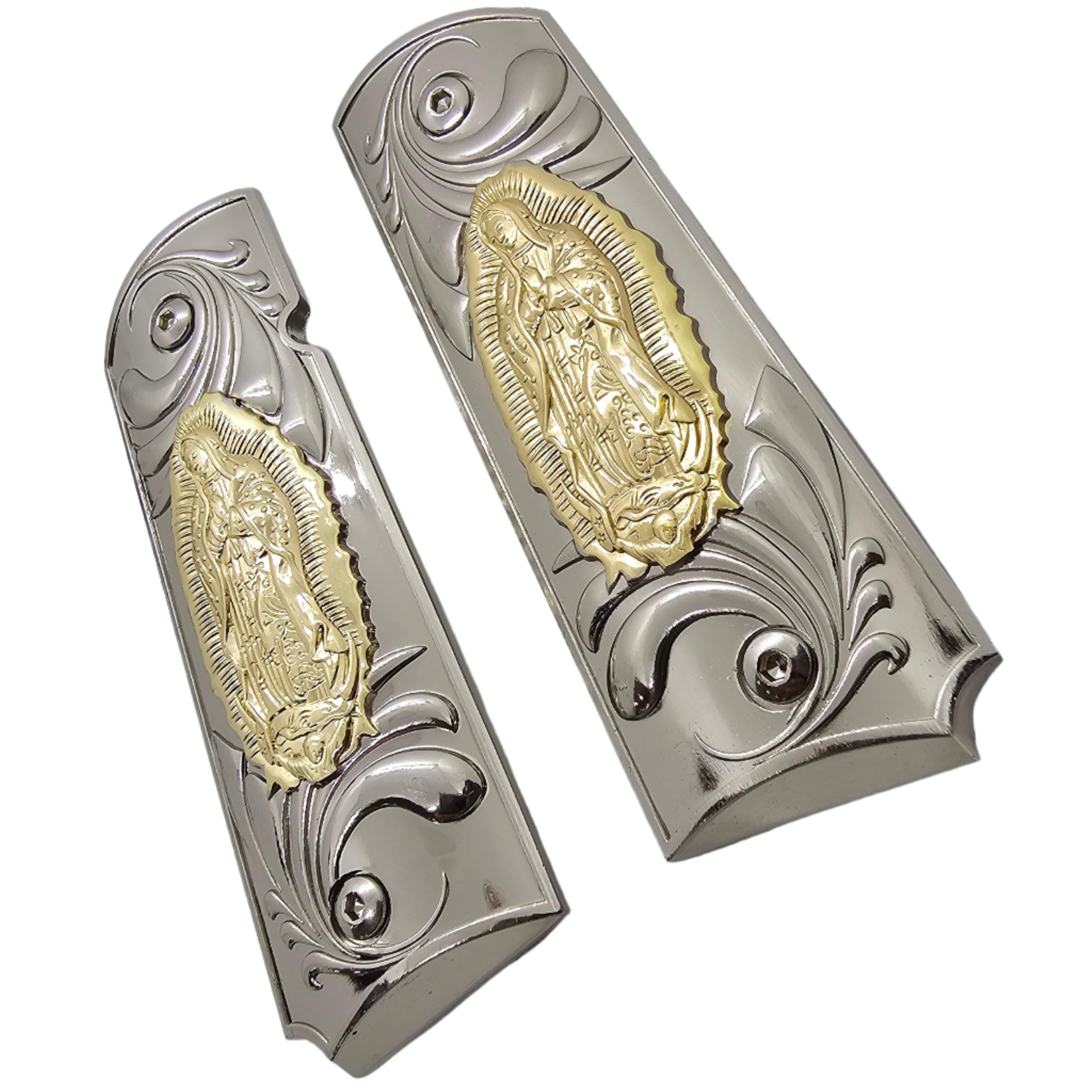 Virgin Mary Lady of Guadalupe Full-Size Grips - Nickel-Plated Ambi Safety Grips for Colt, Kimber, Rock Island & Clones | Perfect for Pistol Customization & Religious Protection