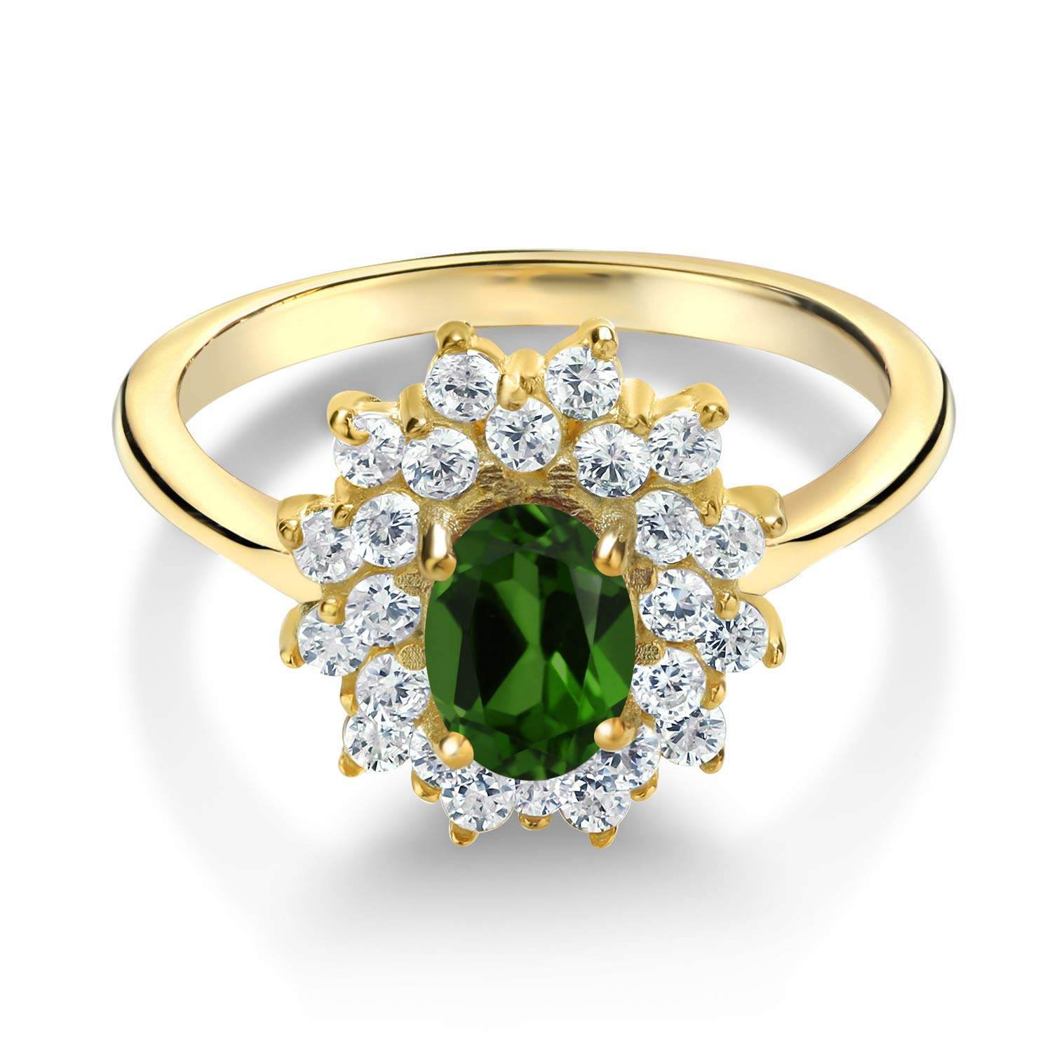1.30 Ct Oval Green Chrome Diopside Ring - 18K Yellow Gold Plated Silver Flower Design | Gem Stone King | Elegant Jewelry for Women, Perfect for Weddings, Parties & Special Occasions