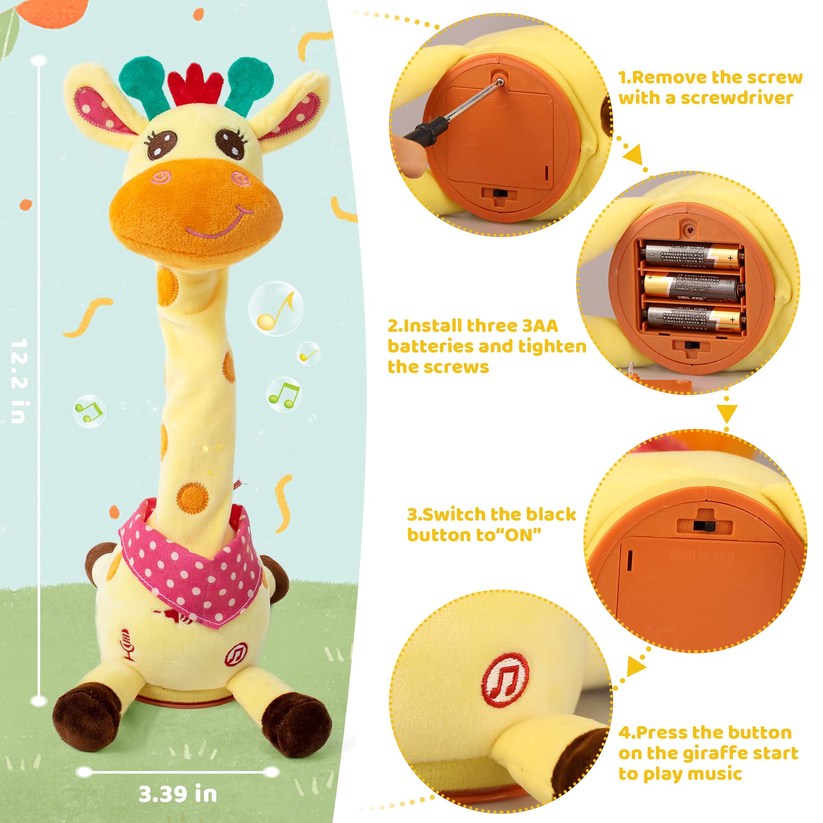 Emoin Interactive Giraffe Stuffed Animal Toy - Singing, Dancing & Light-Up Plush with 10 Nursery Rhymes, Voice Repeater - Perfect Baby Gift for 1-3 Year Olds (6-12 Months) | Great for Playtime, Learning & Bedtime Comfort