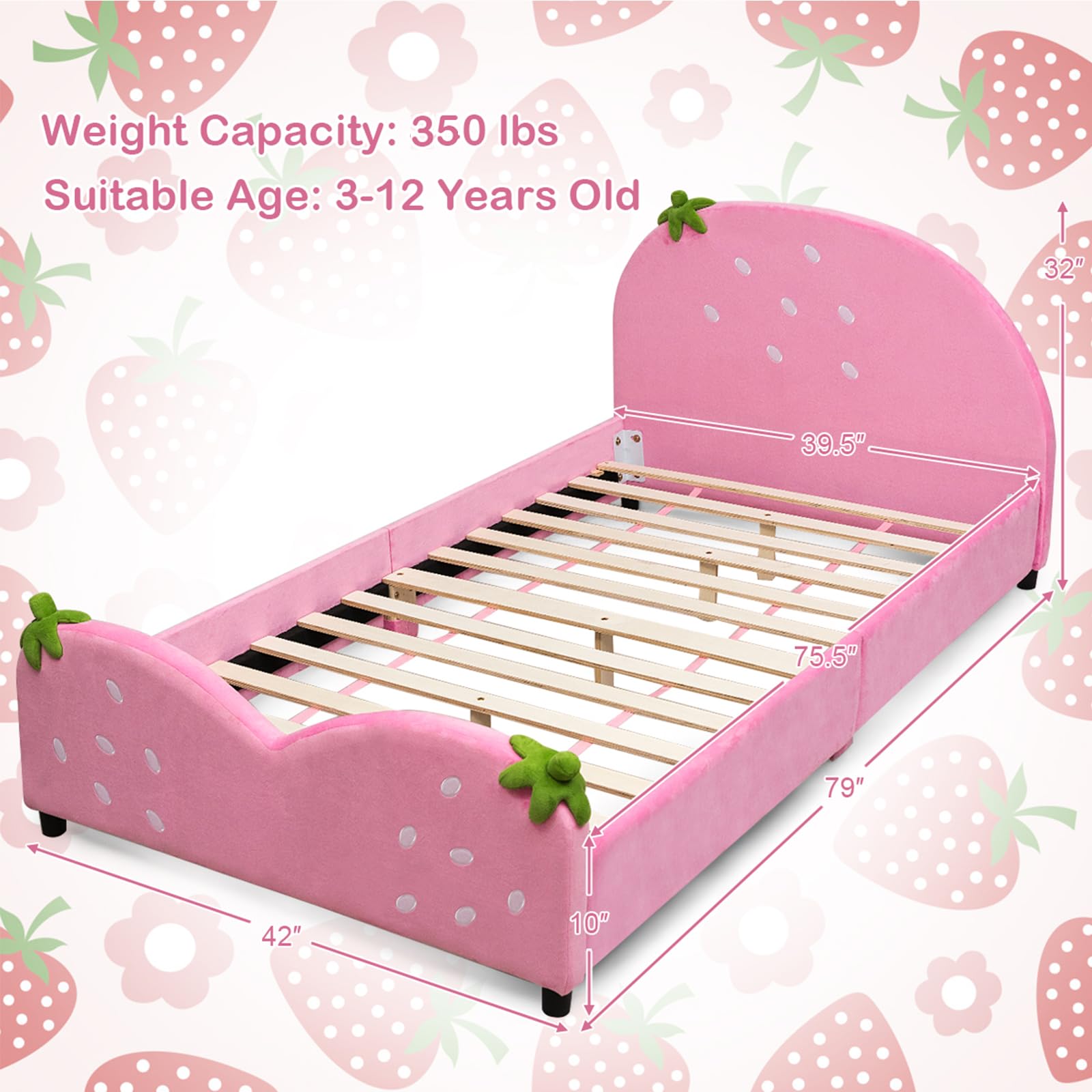 Costzon Twin Bed Frame for Kids - Wooden Upholstered Platform Bed with Slat Support, Padded Headboard & Footboard | No Box Spring Needed | Easy Assembly | Fits Standard Twin Mattress (Strawberry Red) | Perfect for Kids' Bedrooms, Dorm Rooms & Guest Rooms