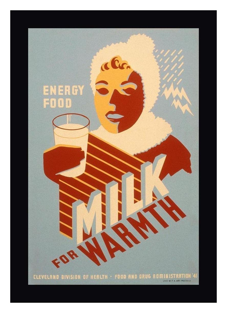 WPA Vintage Milk - Energy Food Poster - 15x20 Inch Framed Canvas Art Print with Black Frame - Ready to Hang Wall Decor for Kitchen, Dining Room or Office