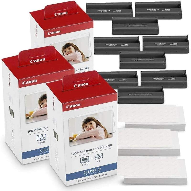 Canon KP 108IN Color Ink Cartridge & Photo Paper Set - 4 Pack Combo for High-Quality Photo Printing at Home or Office