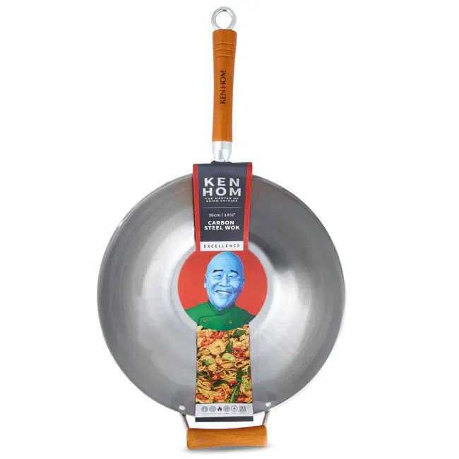 Ken Hom Excellence 14-Inch Carbon Steel Wok - Professional Chinese Stir Fry Pan for High Heat Cooking - Perfect for Stir-Frying, Sautéing, Deep Frying & Asian Cuisine at Home