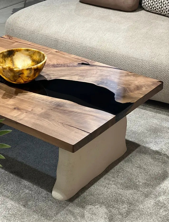 Epoxy Resin Walnut Coffee Table with Stone-Look Legs - Modern Living Room Centerpiece for Home Decor