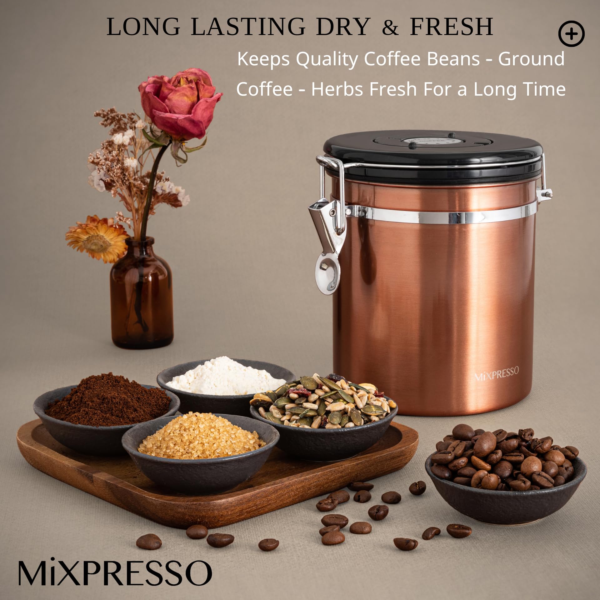 Mixpresso Bronze Stainless Steel Airtight Coffee Container with Date Tracker - 16oz Vacuum Sealed Storage Jar for Coffee Beans, Grounds & Tea - Perfect for Kitchen Countertop, Pantry or Office Use