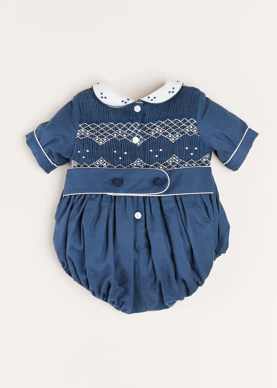 Royal Blue Hand Smocked Peter Pan Collar Romper for Baby Girls 6-24 Months - Soft Cotton Short Sleeve Jumpsuit for Summer, Photo Shoots & Special Occasions