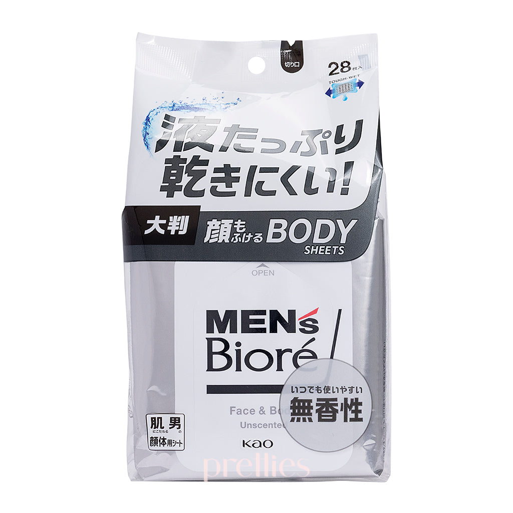BIORE Men's Face & Body Cleansing Wipes 28 Count - Unscented Grey | Oil Control & Deep Cleansing | Gym, Travel & Post-Workout Refresh