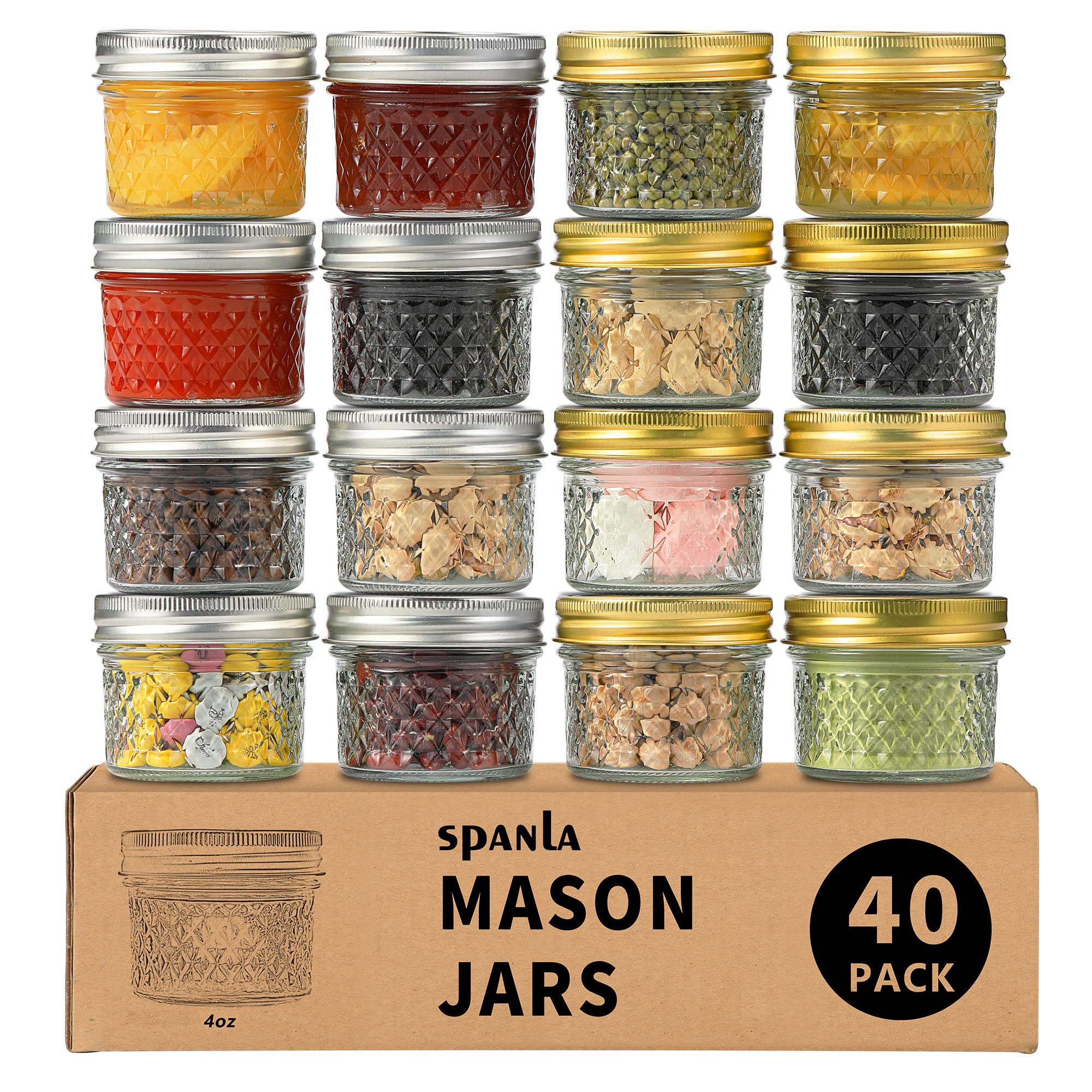 SPANLA 40-Pack 4 oz Small Mason Jars with Lids & Bands - Mini Glass Canning Jars for Jam, Honey, Wedding Favors, Spice Storage | Perfect for DIY Crafts, Homemade Preserves, Party Favors & Kitchen Organization