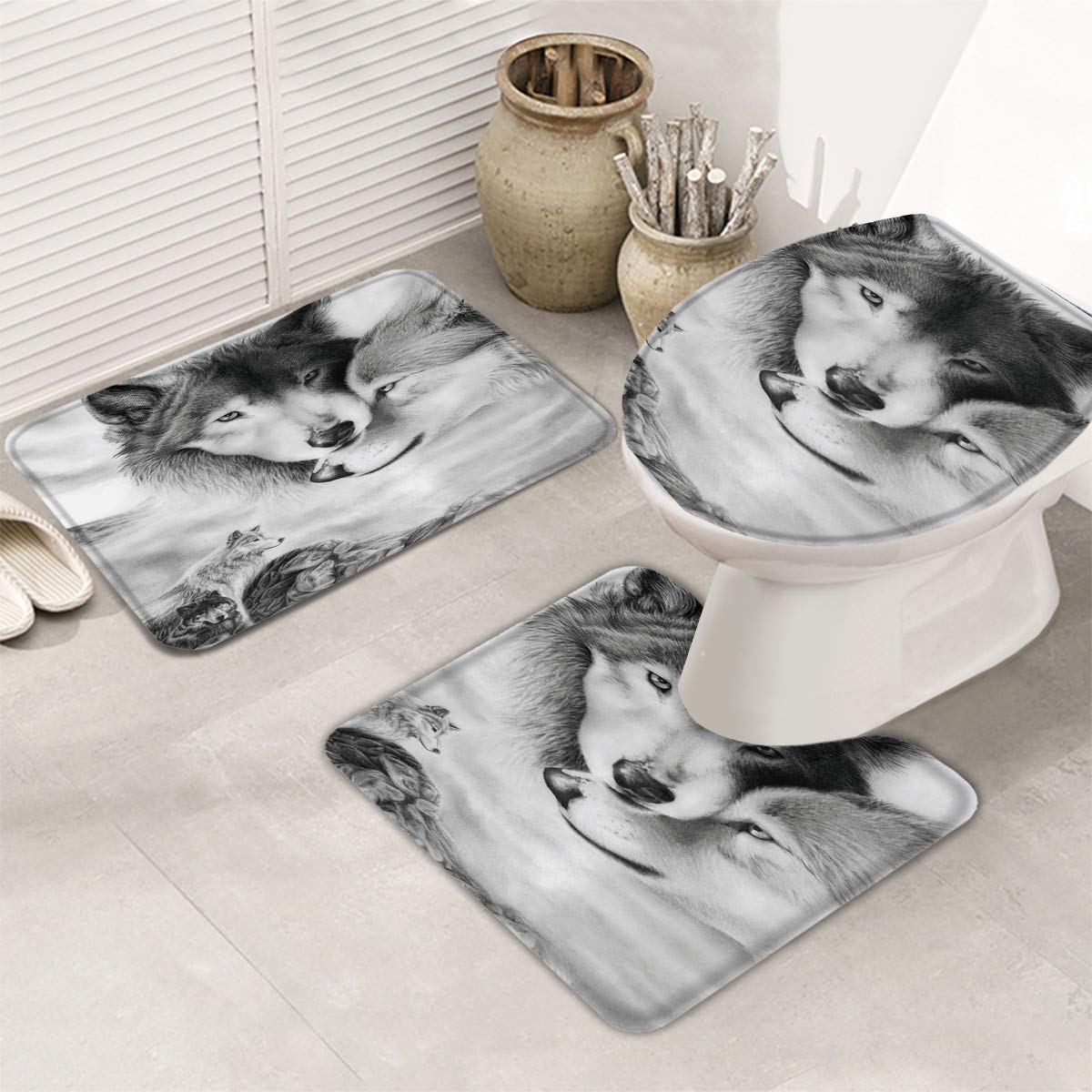 Premium 3-Piece Wolf-Themed Bathroom Rug Set - Non-Slip, Super Absorbent & Washable - Includes Contour Mat, Toilet Lid Cover & Bath Mat - Perfect for Couples' Romantic Bathroom Decor & Luxury Home Spa Experience