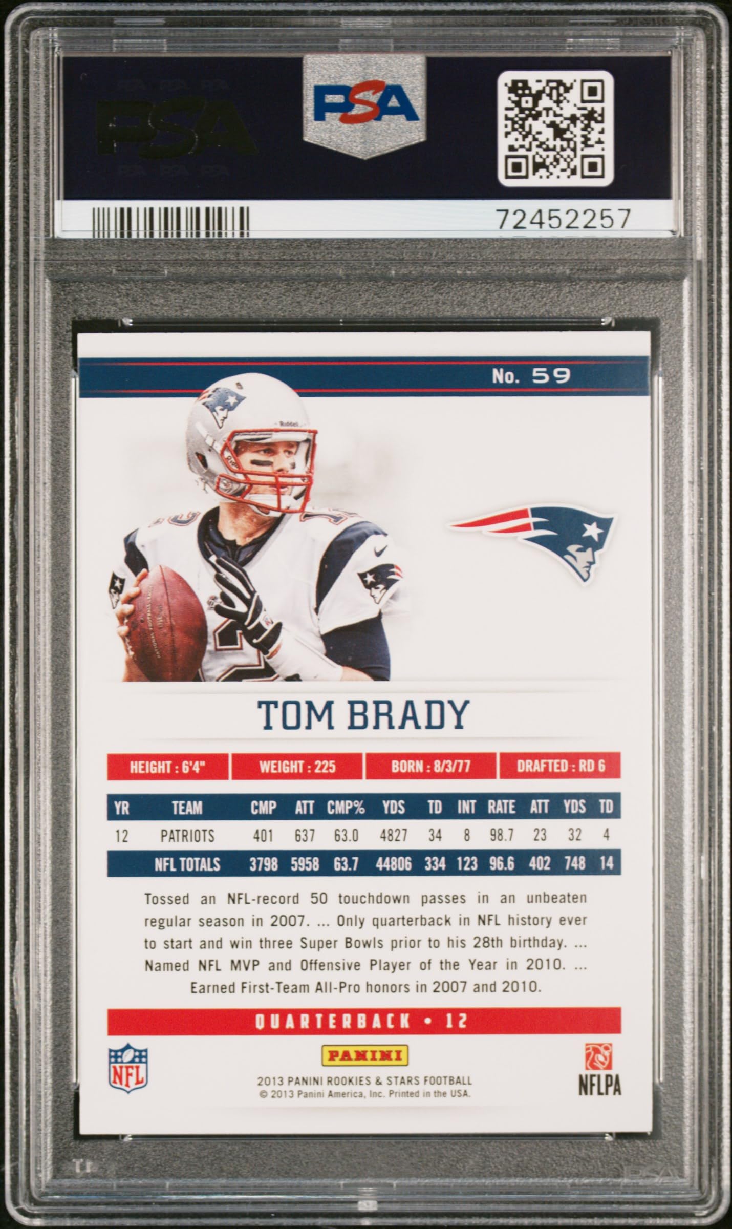 Tom Brady 2013 Panini Rookies and Stars Football Card #59 PSA 10 Graded - Perfect for NFL Collectors, Sports Memorabilia Displays & Investment Collections