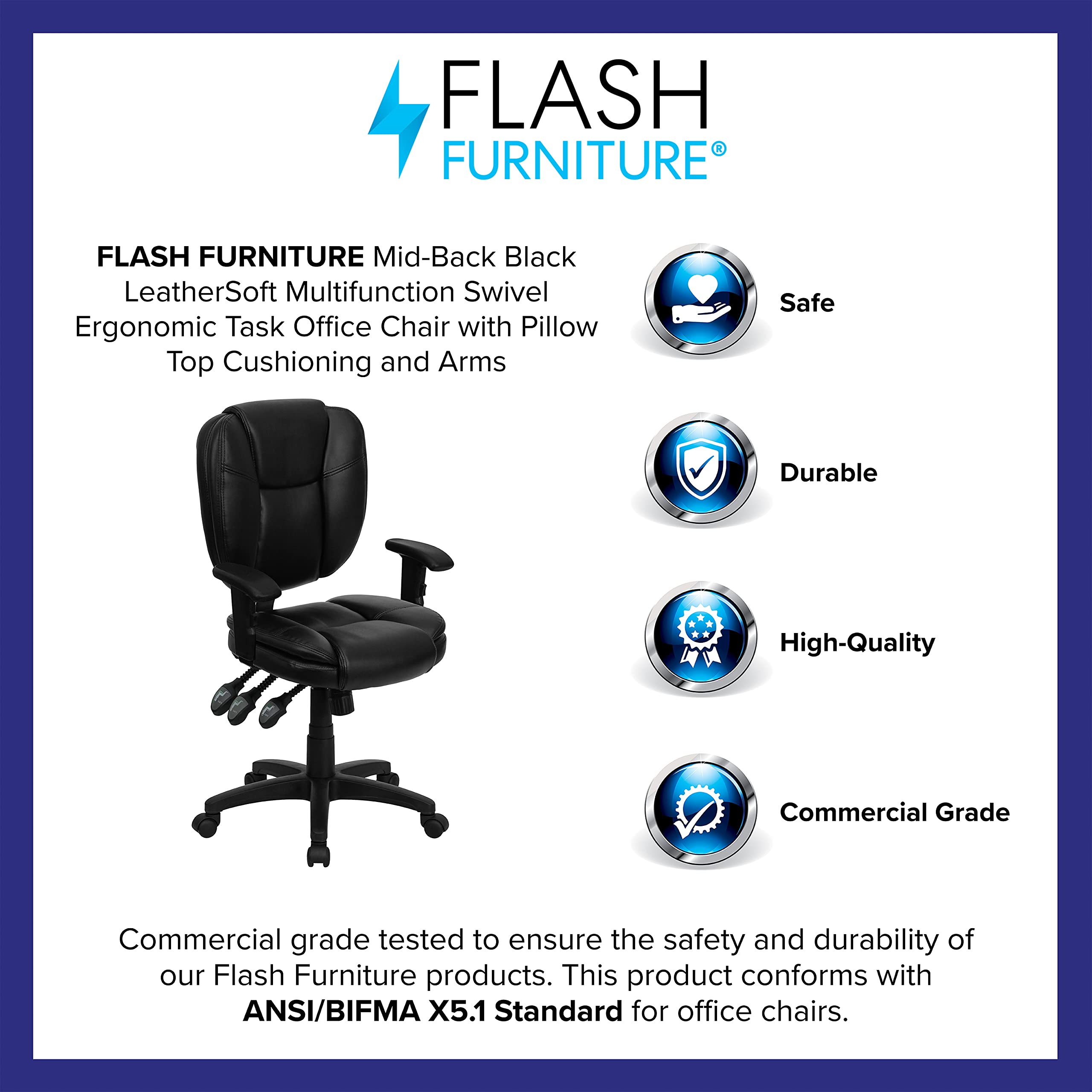 Premium Ergonomic Office Chair - Flash Furniture Caroline Mid-Back Black LeatherSoft Swivel Task Chair with Lumbar Support & Adjustable Arms for Home Office, Gaming, and Workspace Comfort