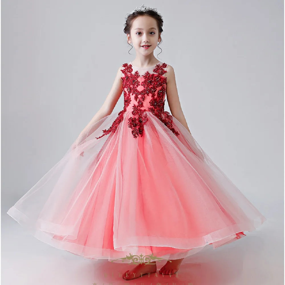 Elegant Tulle Flower Girl Dress with Lace Applique - Sleeveless First Communion Gown for Birthday, Pageant & Special Occasions | Perfect for Weddings, Baptisms & Formal Events