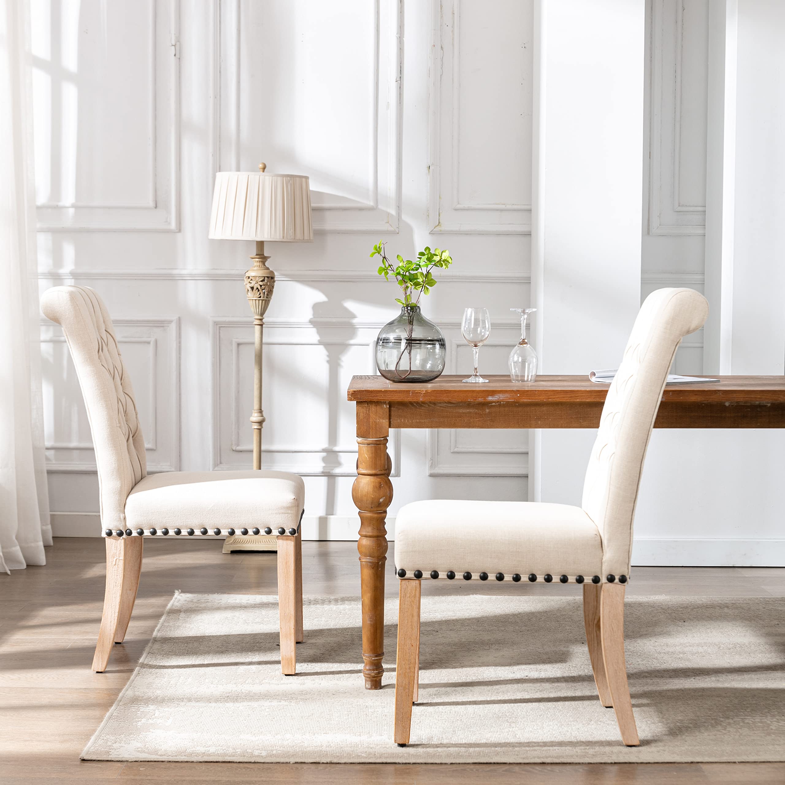 Premium Linen Dining Chairs Set of 2 - Thick Tufted Upholstery with Antique Brass Nail Trim - Elegant Beige Kitchen Chairs for Dining Room, Breakfast Nook & Farmhouse Decor