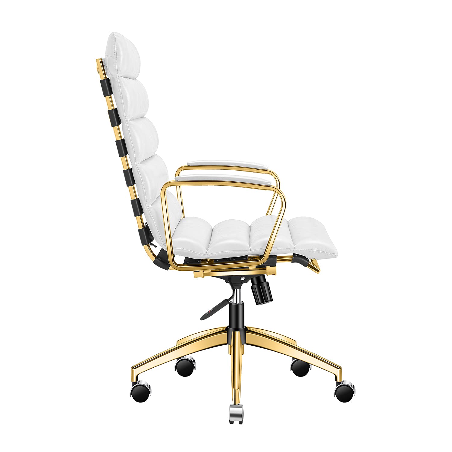 Premium White & Gold Leather Office Chair - Mid Century Modern Executive Desk Chair with Wheels - Ergonomic Rolling Chair for Home Office, Study, or Conference Room (Gold & White)