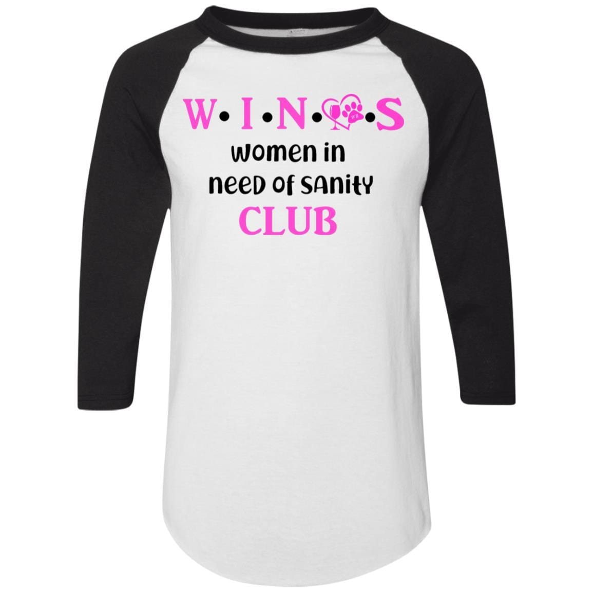 WineyBitches.Co WINOS Club Colorblock Raglan Jersey - Pink Lettering Women's Baseball Tee | Soft Cotton Blend Long Sleeve Shirt for Wine Lovers | Perfect for Wine Tasting Parties & Girls Night Out