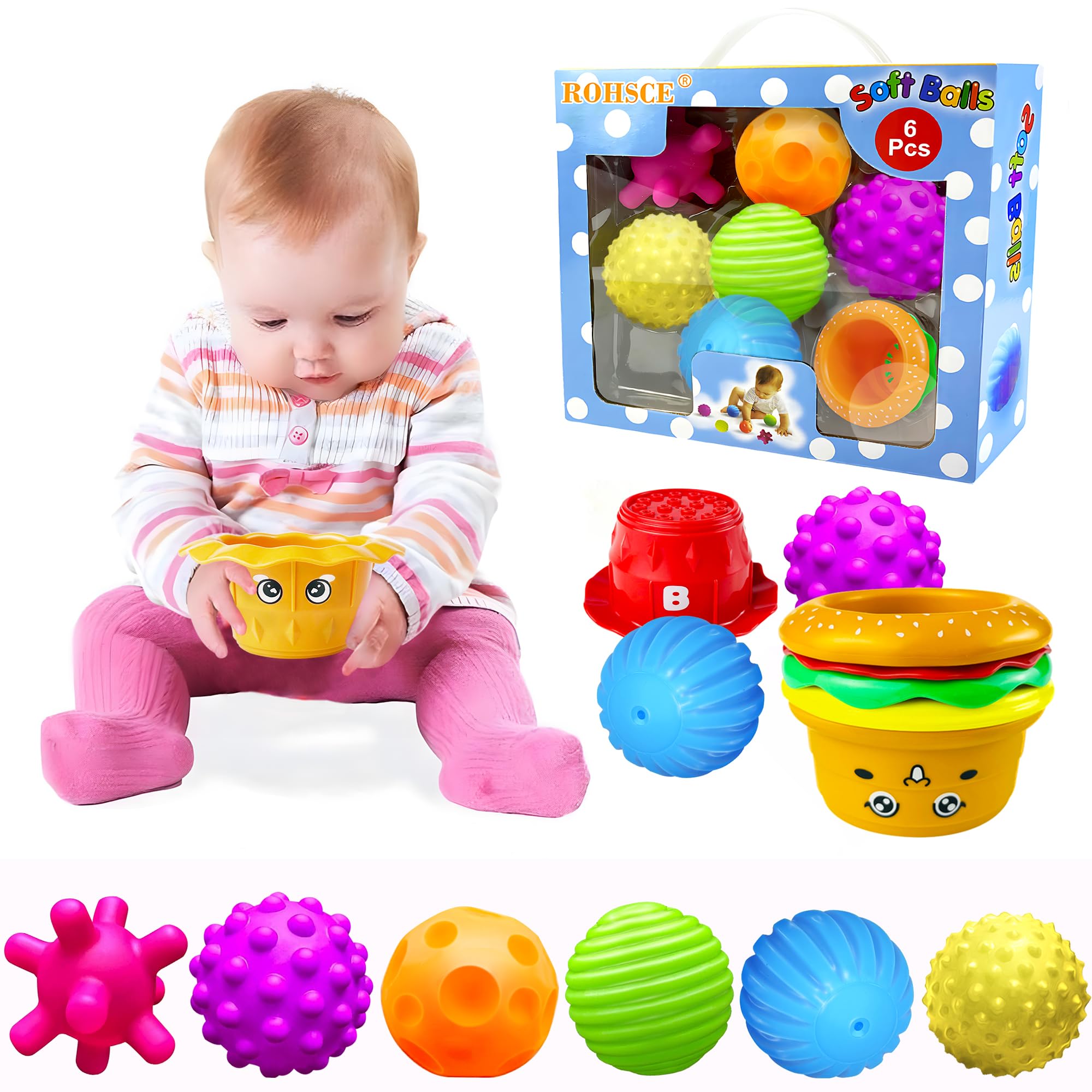 Sensory Balls for Babies 6-12 Months - Soft Textured Infant Toys with Stacking Cups | Montessori Learning Toys for Toddlers 1-3 Years | Colorful Squeezy Bath & Playtime Sensory Development Toys | Perfect for Early Learning, Bathtime Fun & Tactile Exploration