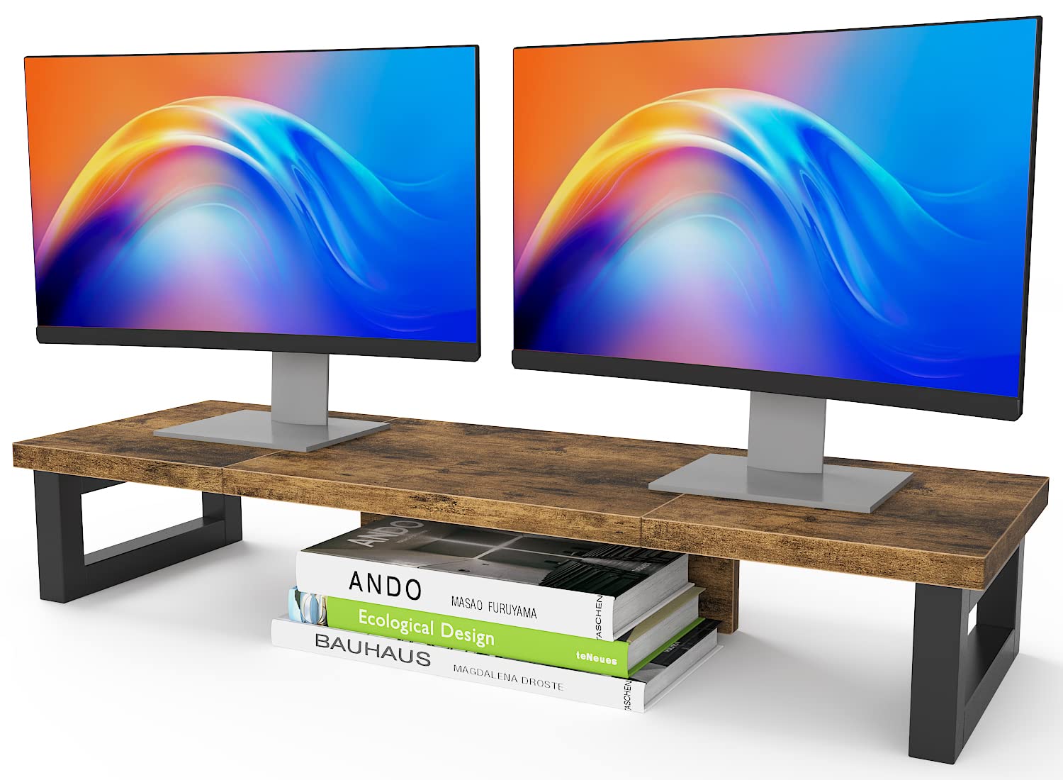 Premium WESTREE Dual Monitor Stand Riser - Sturdy Wood & Steel Computer Monitor Stand for 2 Screens - Multi-Purpose Desktop Organizer for PC, Laptop, Printer & TV - Perfect for Home Office, Gaming Setup & Workspace Organization