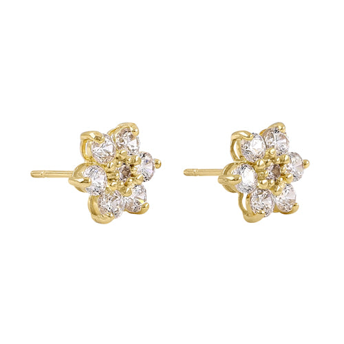 14K Solid Yellow Gold Flower Stud Earrings with CZ Stones – Elegant Floral Jewelry for Women, Perfect for Weddings, Parties & Everyday Wear