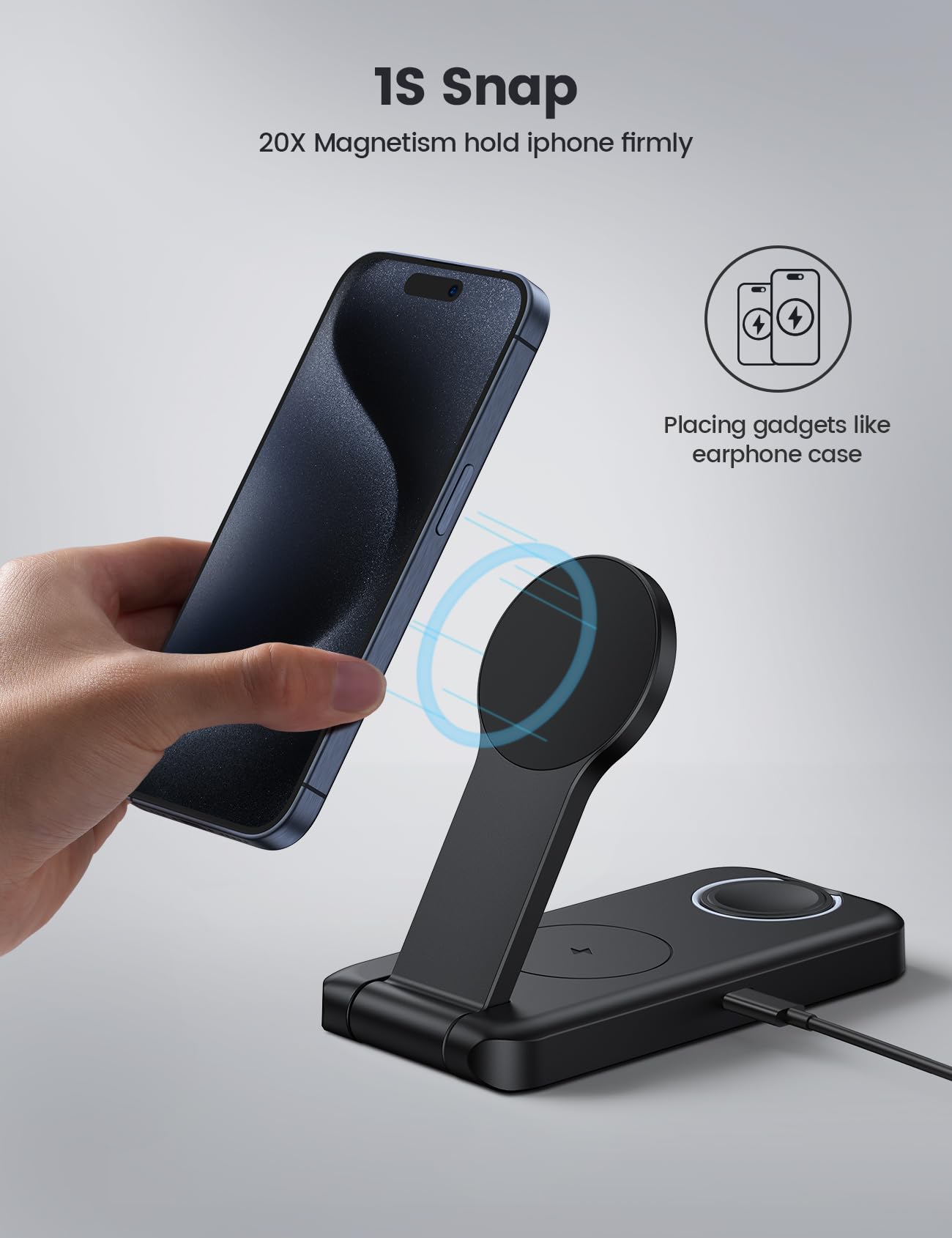 Lamicall 3-in-1 Magnetic Wireless Charging Station for iPhone 16/15/14/13 Pro/Pro Max, Apple Watch & AirPods - Foldable Fast Charger Stand with Magsafe | Portable Travel Charger for Home, Office & Car Use