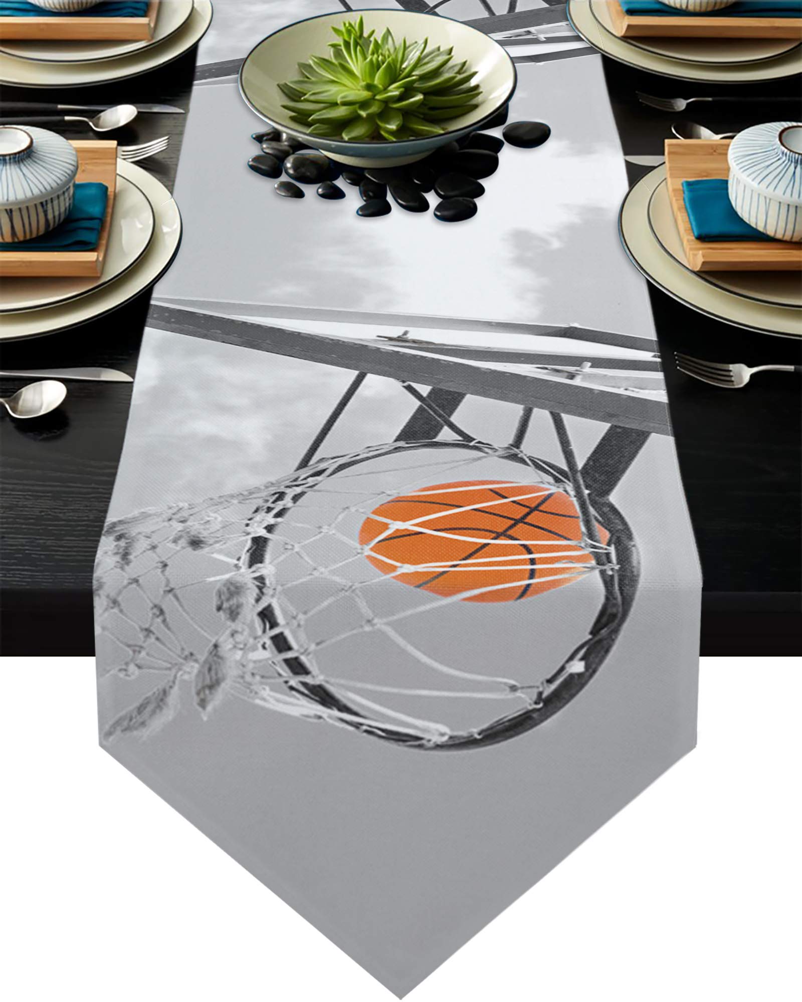 Black and White Basketball Hoop Burlap Linen Table Runner 70 Inch - Kitchen Dining Living Room Decor for Parties, Weddings, and Home Decoration