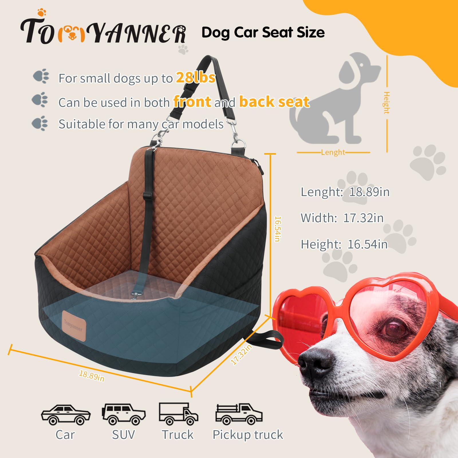 Small Dog Car Seat for Pets Under 20 lbs - Super Comfy & Secure Pet Booster Seat with Storage Pockets & Safety Belt (S-Black/Brown) - Perfect for Car Travel, Road Trips & Vet Visits