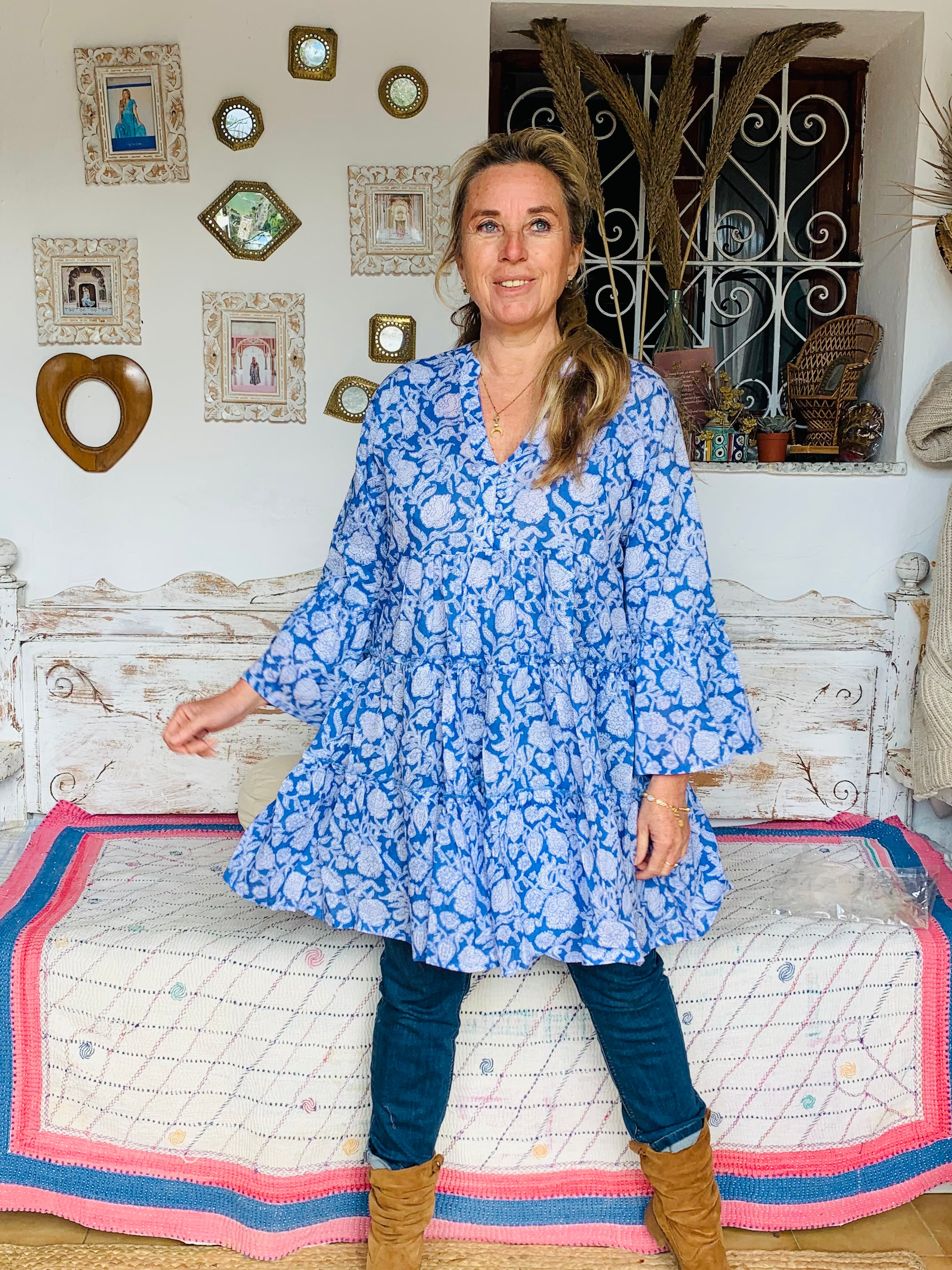 Blue Floral Geo Print Short Dress - Stylish Summer Casual Outfit for Beach, Picnic & Date Night