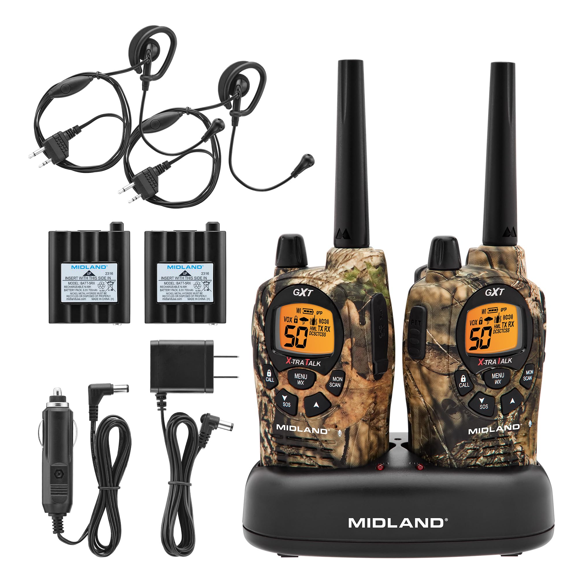 Midland GXT1050VP4 Long Range Walkie Talkies - 2 Pack GMRS Two-Way Radios with Rechargeable Batteries & 50 Channels (Mossy Oak Camo) - Ideal for Outdoor Adventures, Hunting, Hiking & Emergency Communication