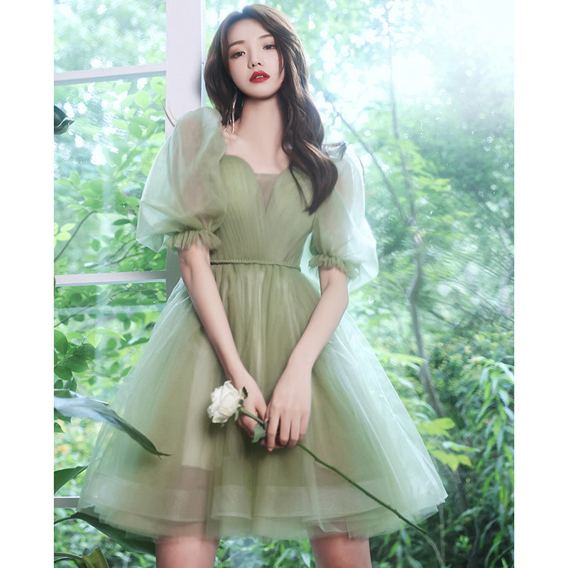Elegant Green Tulle Short Prom Dress with Short Sleeves - Perfect for Homecoming, Party, and Special Occasions | Flattering A-Line Silhouette for Teens and Juniors | Available in Size 173