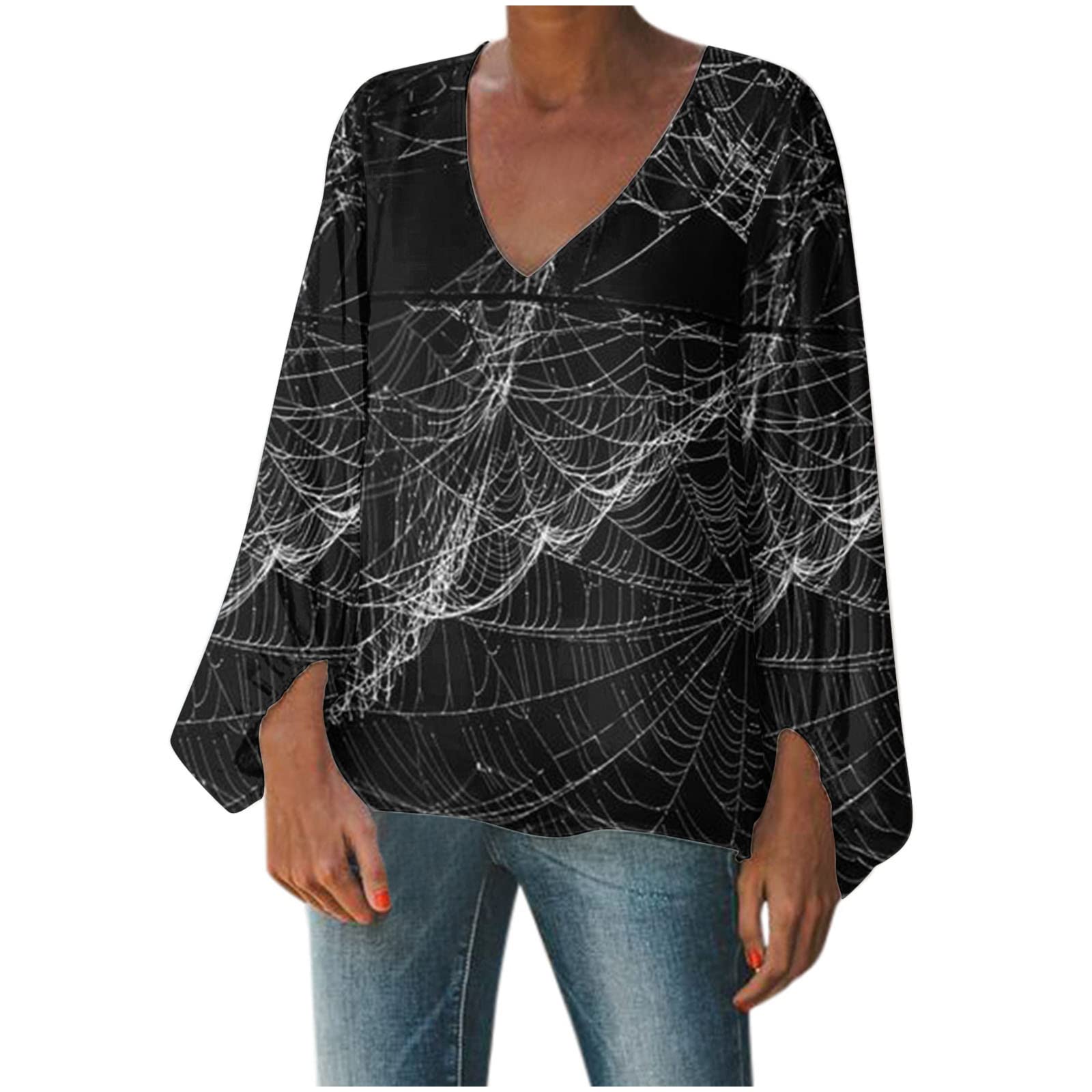 Women's Halloween Cobweb Print T-Shirt - Long Puff Sleeve V-Neck Blouse for Party, Cosplay & Casual Wear | Sexy Tunic Top for Costume Events & Night Out
