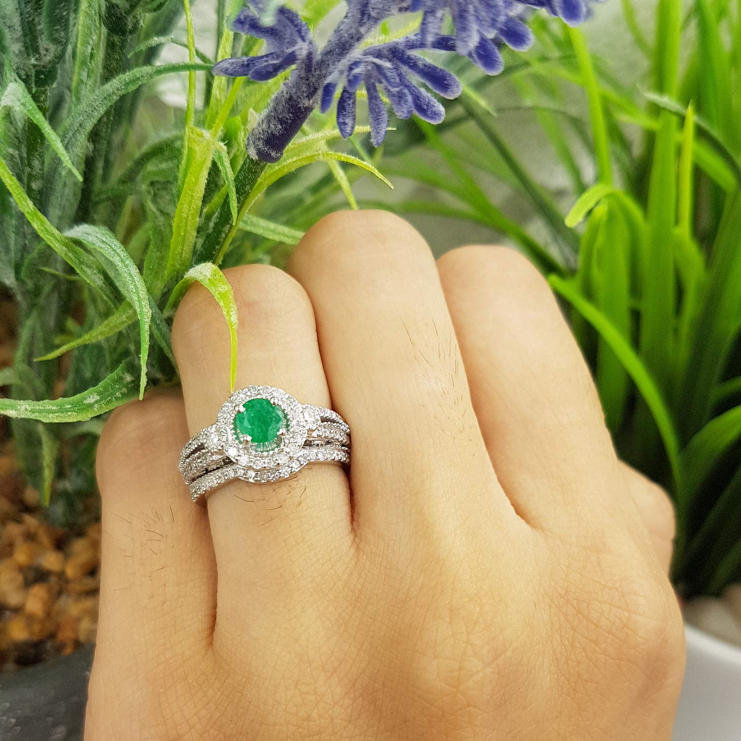 Dazzlingrock Collection 14K Solid White Gold Round Emerald & White Diamond Halo Bridal Engagement Ring Set for Women - Perfect for Proposals, Weddings & Anniversary Gifts