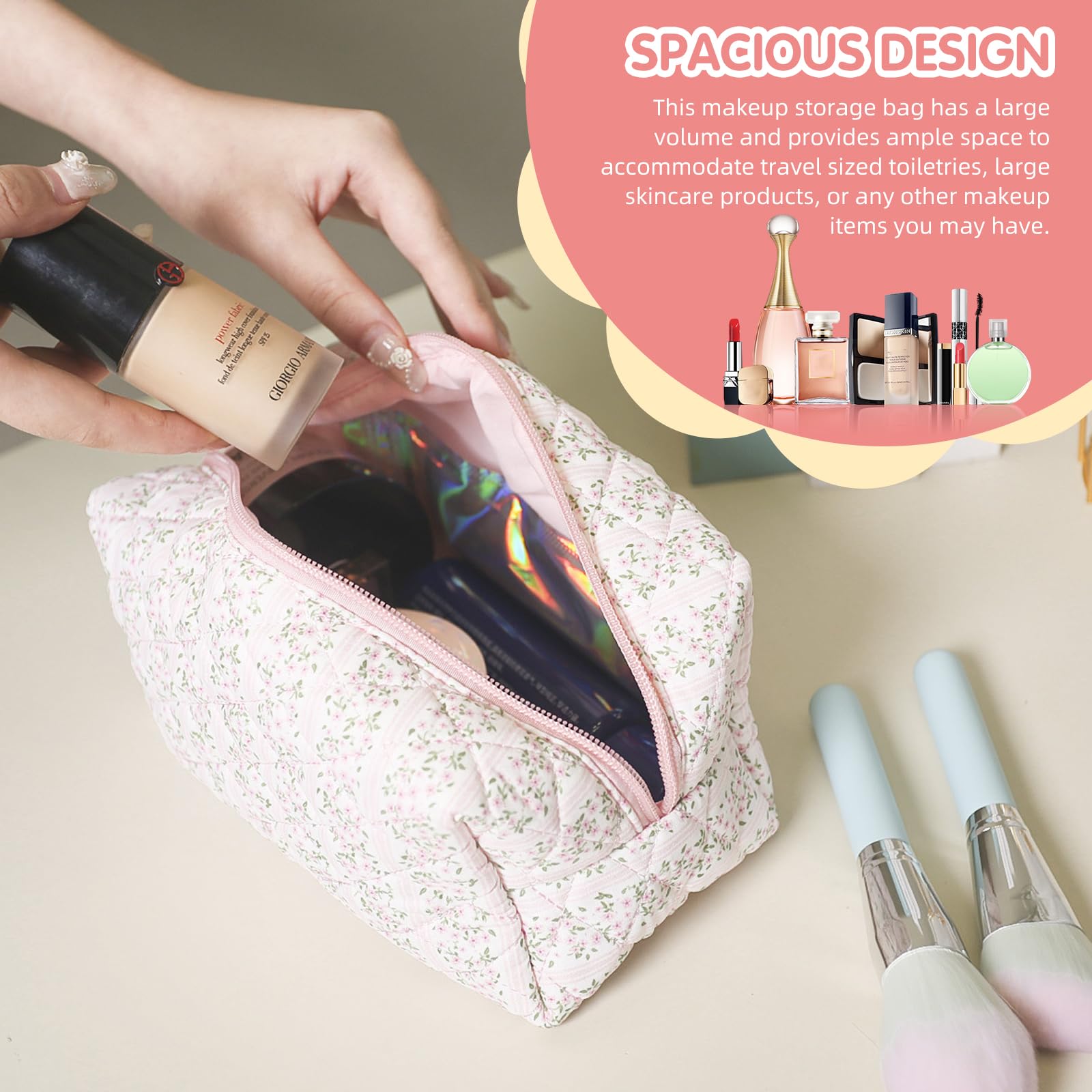 Floral Makeup Bag 2-Pack - Cute Quilted Cosmetic Pouch with Zipper for Travel, Skincare & Toiletries | Pink & Blue Organizer Bags for Women | Perfect for Daily Use, Gym, Vacation & Gift Giving