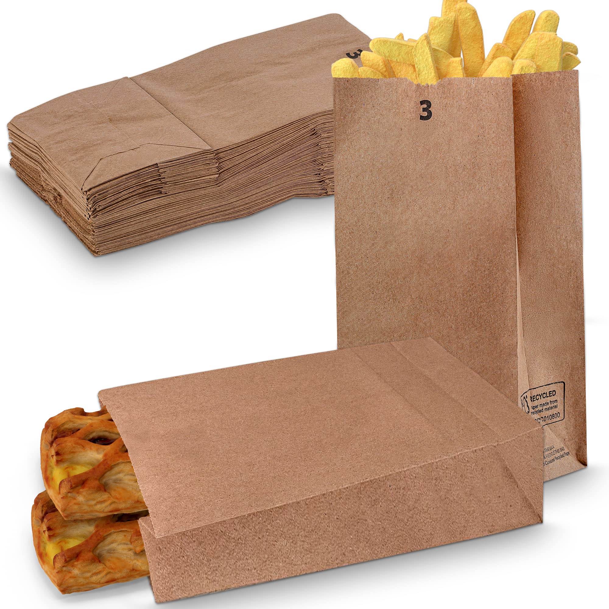 MT Products Heavy Duty 3 lb Kraft Paper Bags - 100 Pack Bulk Brown Paper Sacks for Groceries, Food Storage & Takeout - Eco-Friendly Durable Food Bags for Restaurants, Bakeries & Farmers Markets