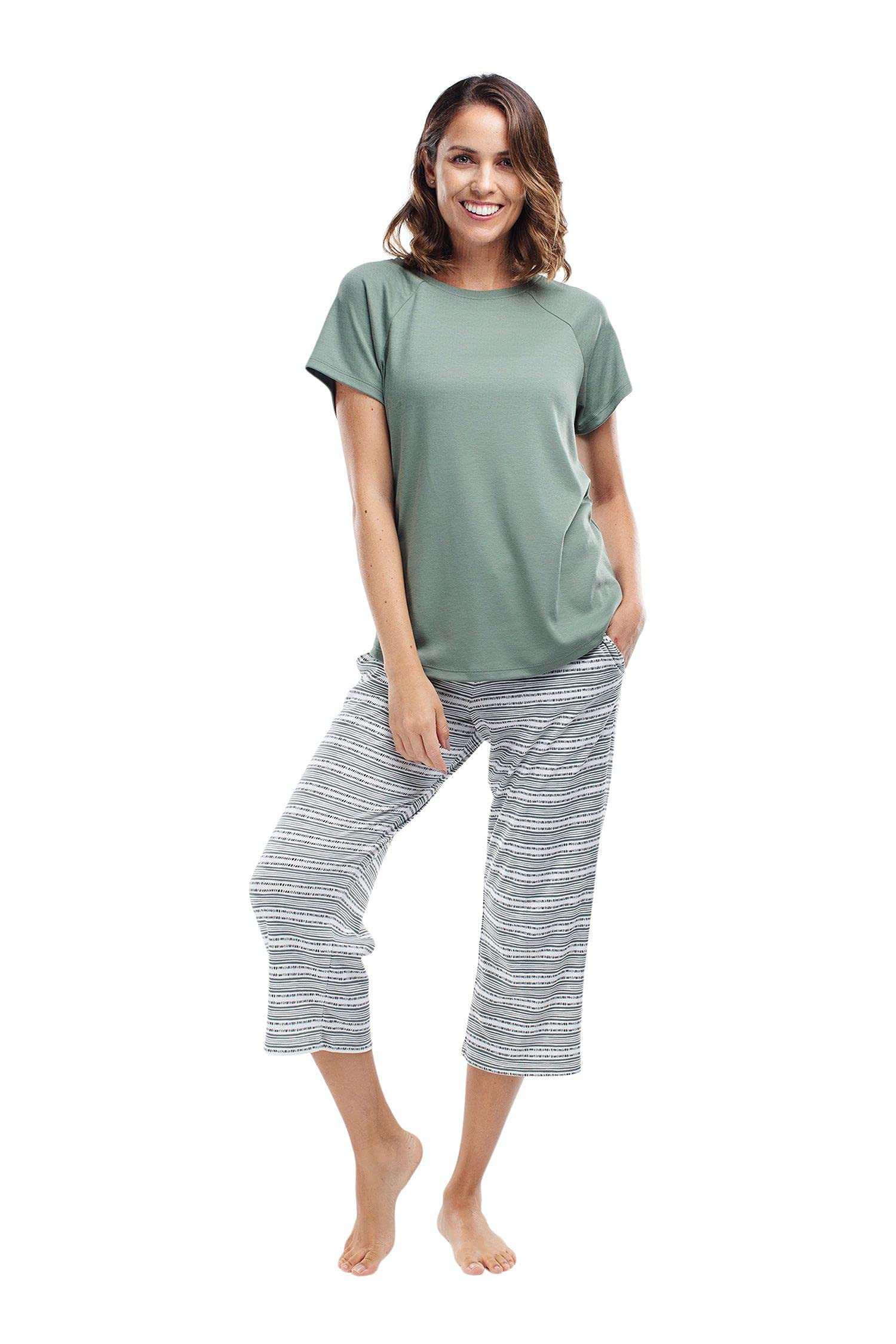 Premium Soft Pima Cotton Women's Pajama Set - Short Sleeve & Capri Pants for Lounge, Sleep & Relaxation at Home