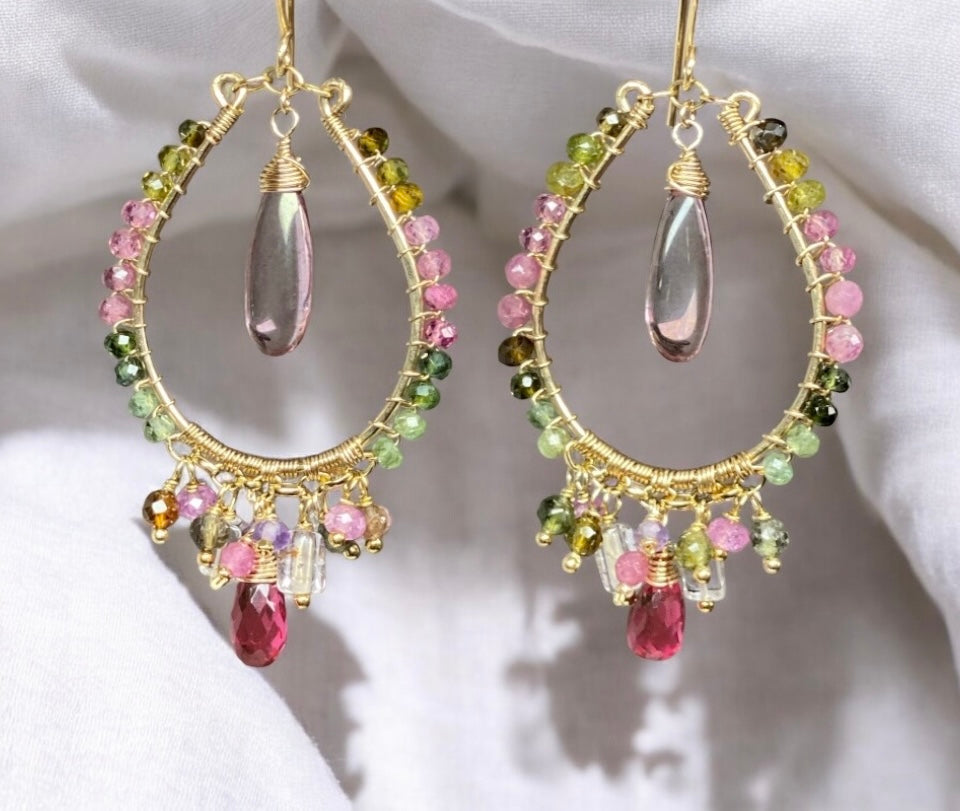 Tourmaline Gemstone Gold Fill Hoop Chandelier Earrings - Elegant Dangle Earrings for Women, Perfect for Parties, Weddings & Special Occasions