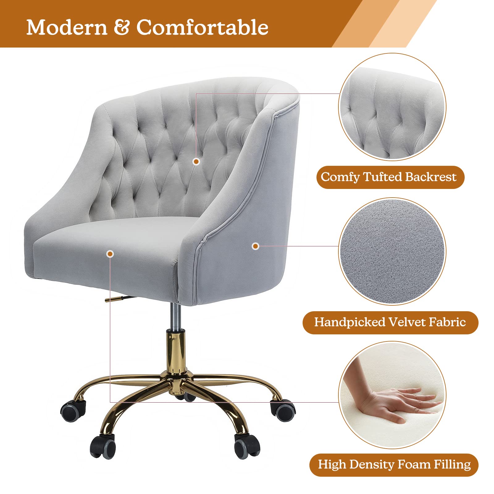 Luxury Velvet Home Office Chair with Gold Base - Modern Adjustable Swivel Task Chair for Living Room, Bedroom & Study - Ergonomic Comfort Desk Chair (Grey) - Perfect for Remote Work, Gaming & Vanity Areas