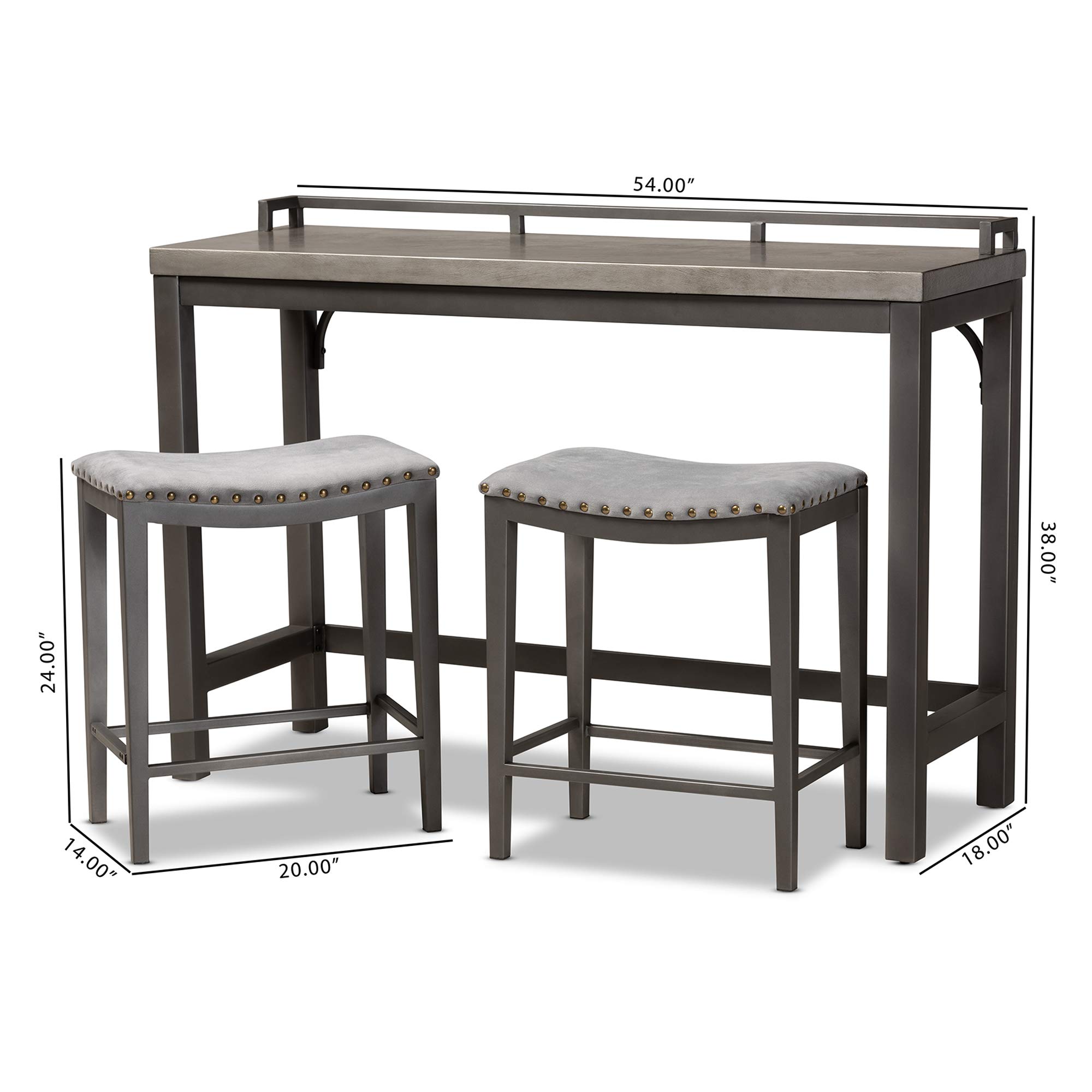 Baxton Studio Pub Table Set with 2 Stools - Modern Grey Bar Height Dining Set for Kitchen, Patio & Small Spaces