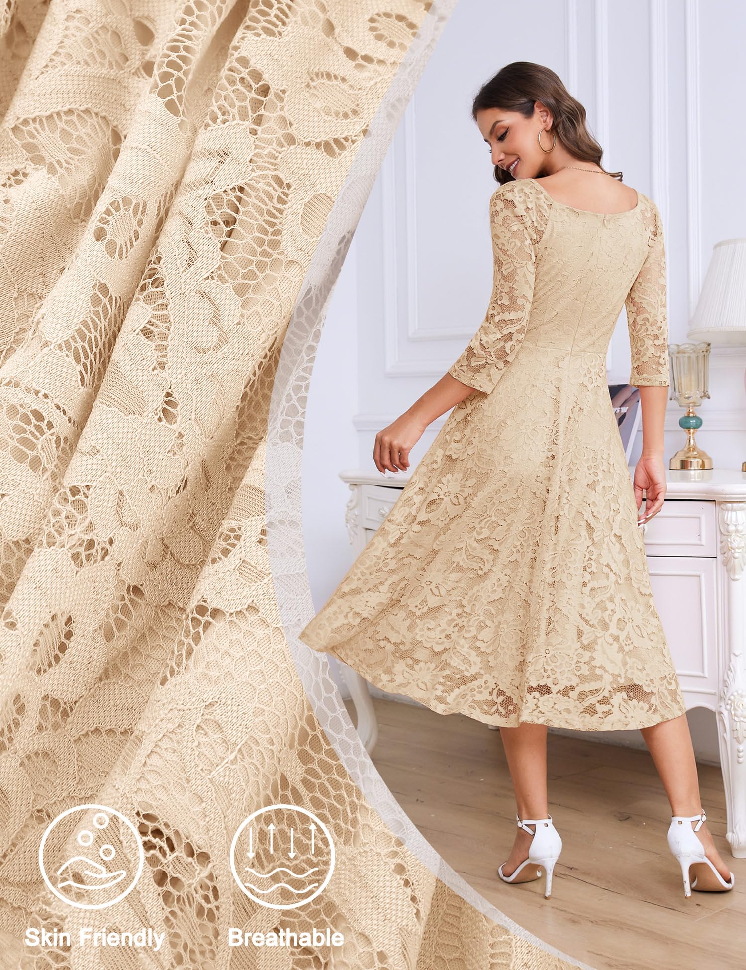Elegant Long-Sleeve Lace Wedding Guest Dress for Women - A-Line Formal Cocktail Party Midi Gown | Perfect for Prom, Evening Events & Special Occasions