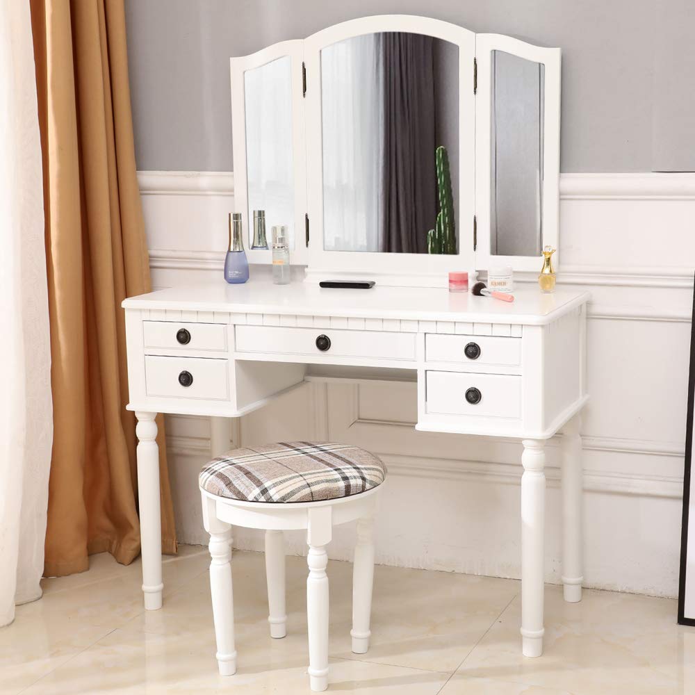 White Vanity Set with Stool - 5-Drawer Dressing Table & Tri-Folding Mirror Makeup Desk for Bedroom, Cushioned Stool Included (Adult Size) | Perfect for Cosmetics Organization, Beauty Routine & Home Decor