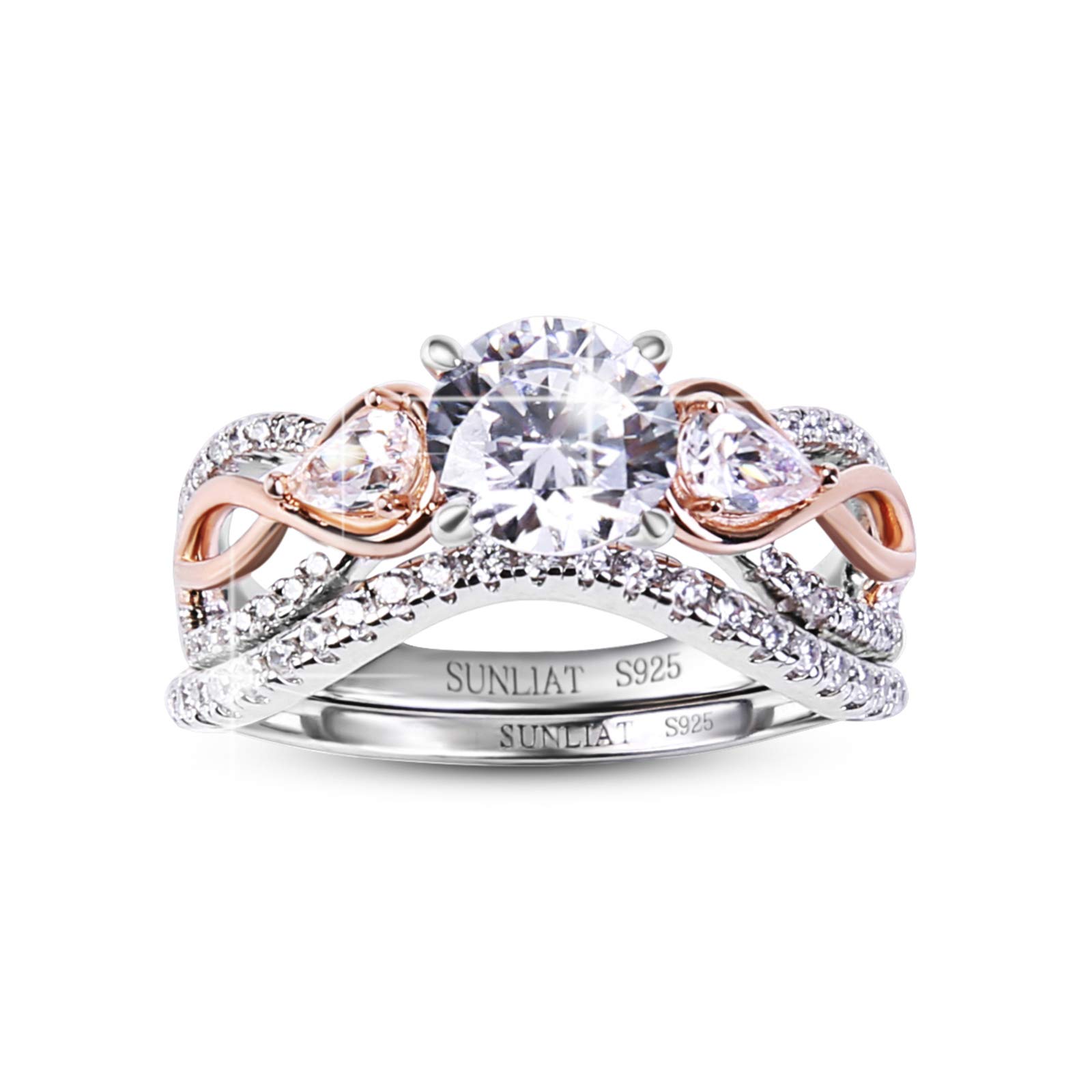 925 Silver Rose Gold Plated Cubic Zirconia Engagement Ring Set for Women - 3 Stone Round & Pear Bridal Wedding Rings - Perfect for Proposals, Anniversaries & Special Occasions
