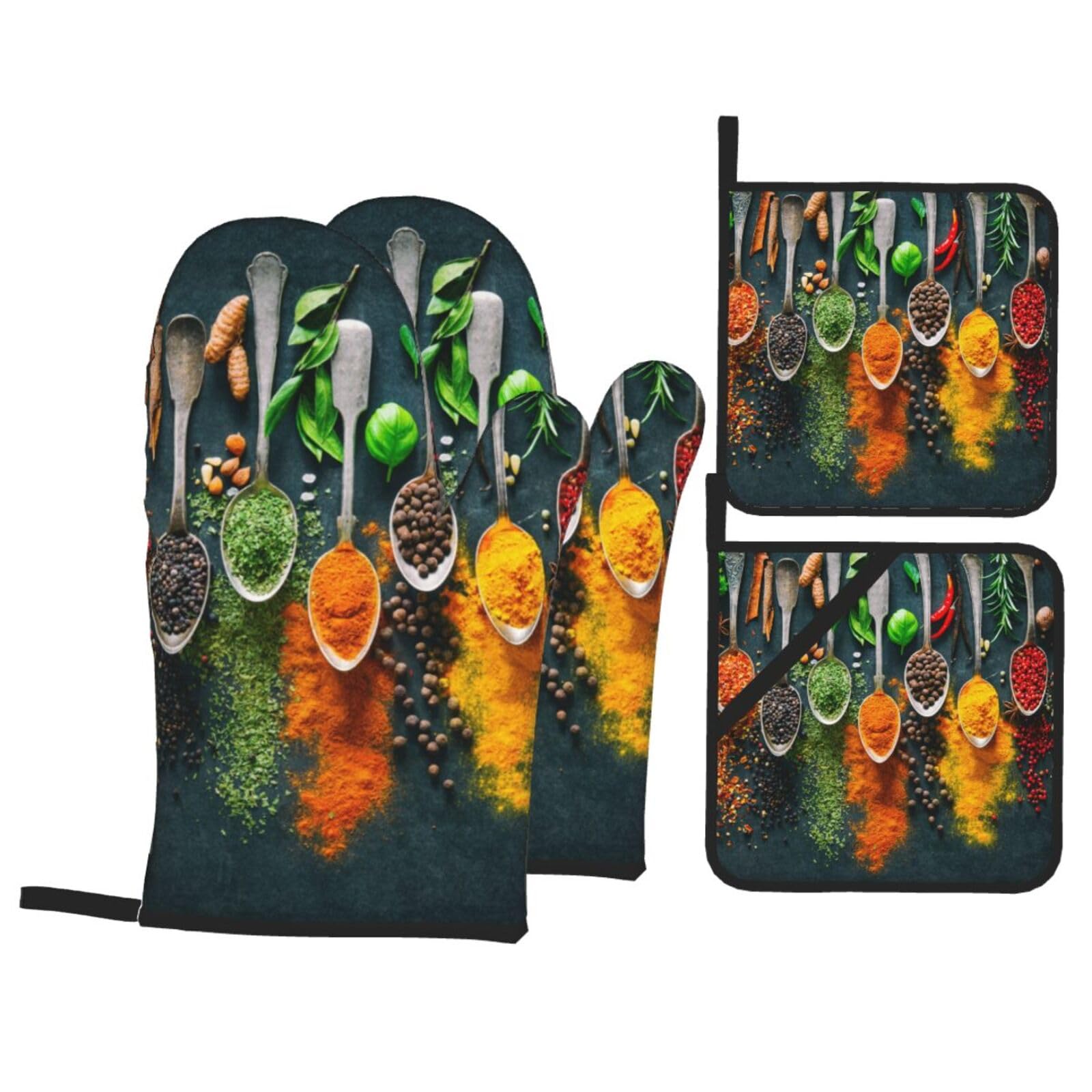 Heat-Resistant Oven Mitts and Pot Holders Set (500°F) - 4-Pack Kitchen Gloves for Baking, Cooking, BBQ & Grilling - Non-Slip, Surface-Safe Condiment & Spice Print Design