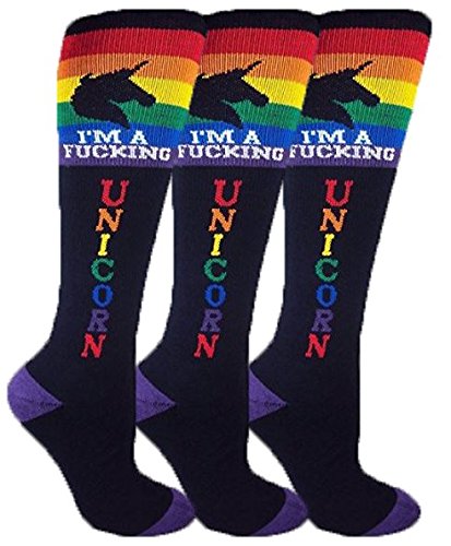 3-Pack Unicorn Knee-High Socks for Women - Black & Rainbow Workout Socks for Running, Yoga, and Gym - Fun Athletic Socks for Fitness Enthusiasts