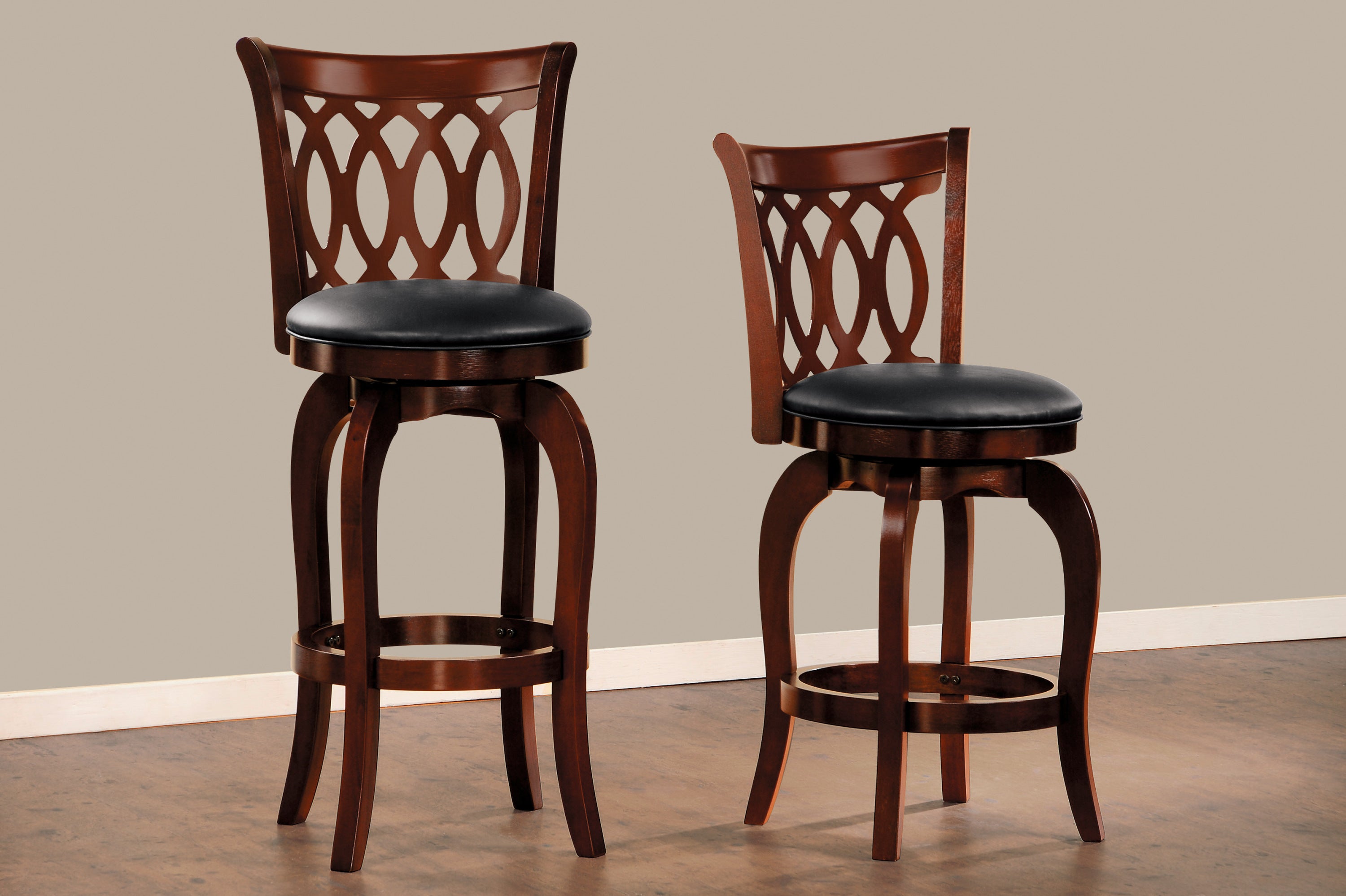 Dark Cherry Faux Leather Swivel Bar Stool - Solid Wood Counter Height Chair with Comfortable Back Design - Perfect for Kitchen Islands, Home Bars & Dining Rooms