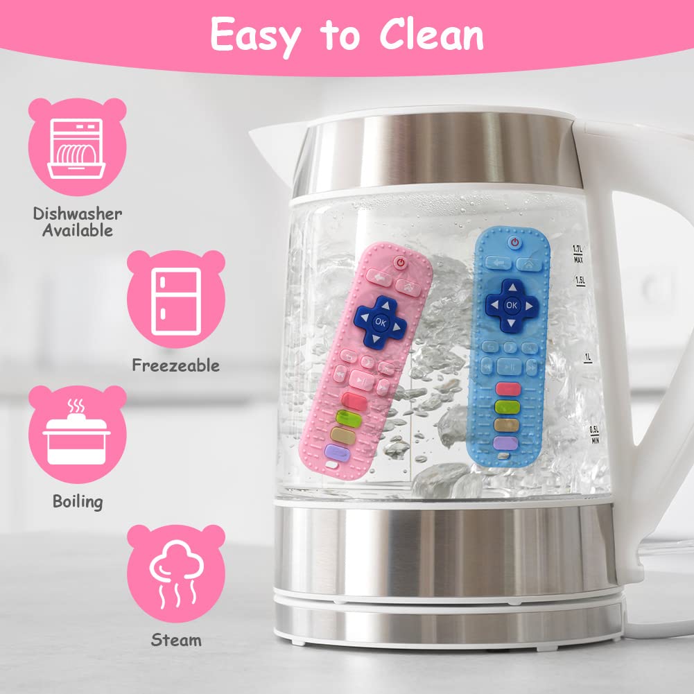 BPA-Free Silicone Baby Teething Toys Set - 2PCS Remote Control Shaped Teethers with Pacifier Clips for Infants 3+ Months (Blue & Pink) - Perfect for Soothing Sore Gums & On-the-Go Teething Relief
