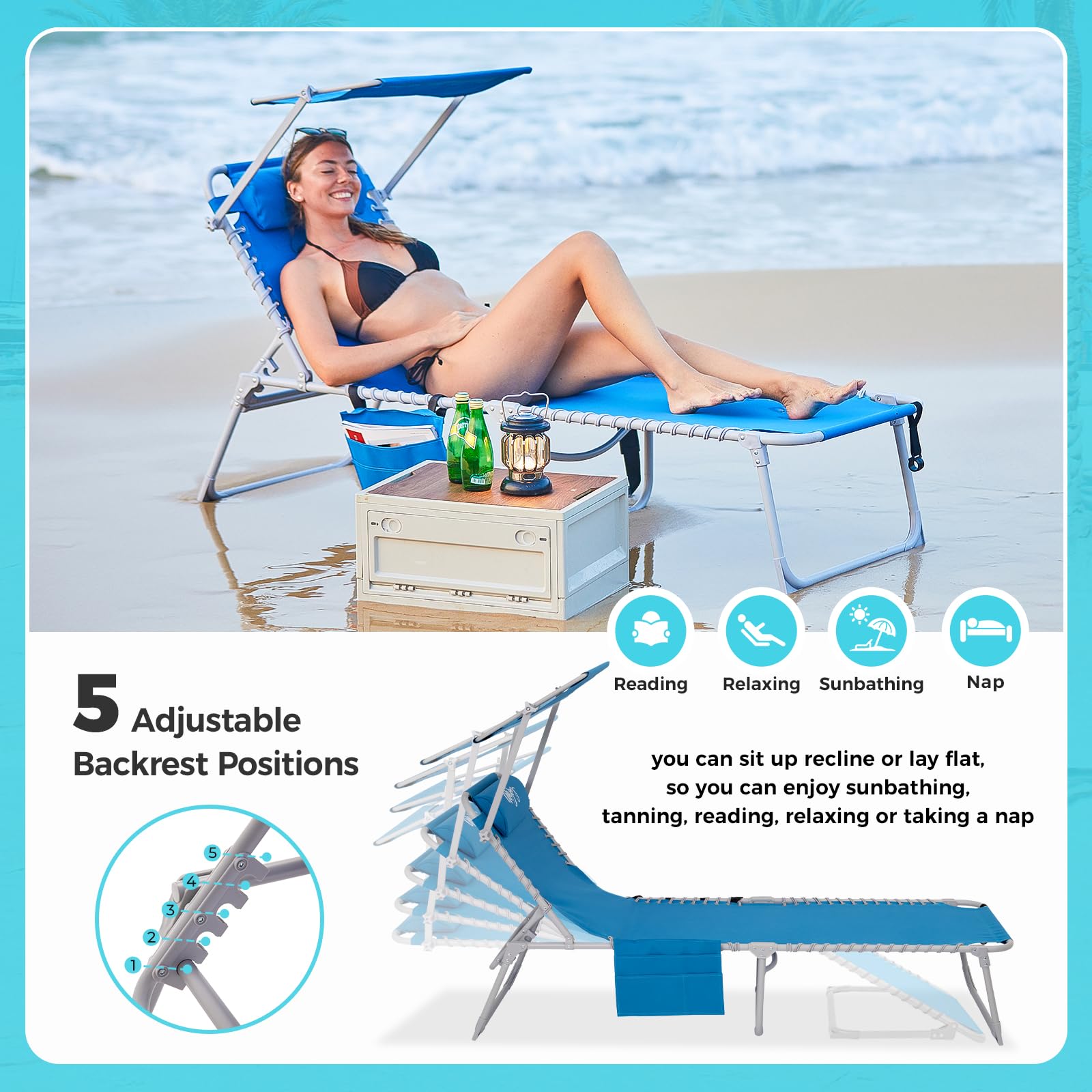 WEJOY Adjustable Folding Chaise Lounge Chair with Canopy Shade & Headrest Pillow - Portable Outdoor Sunbathing Chair for Beach, Pool, Lawn, Camping & Backyard Relaxation | Perfect for Tanning, Lounging & Reading by the Water