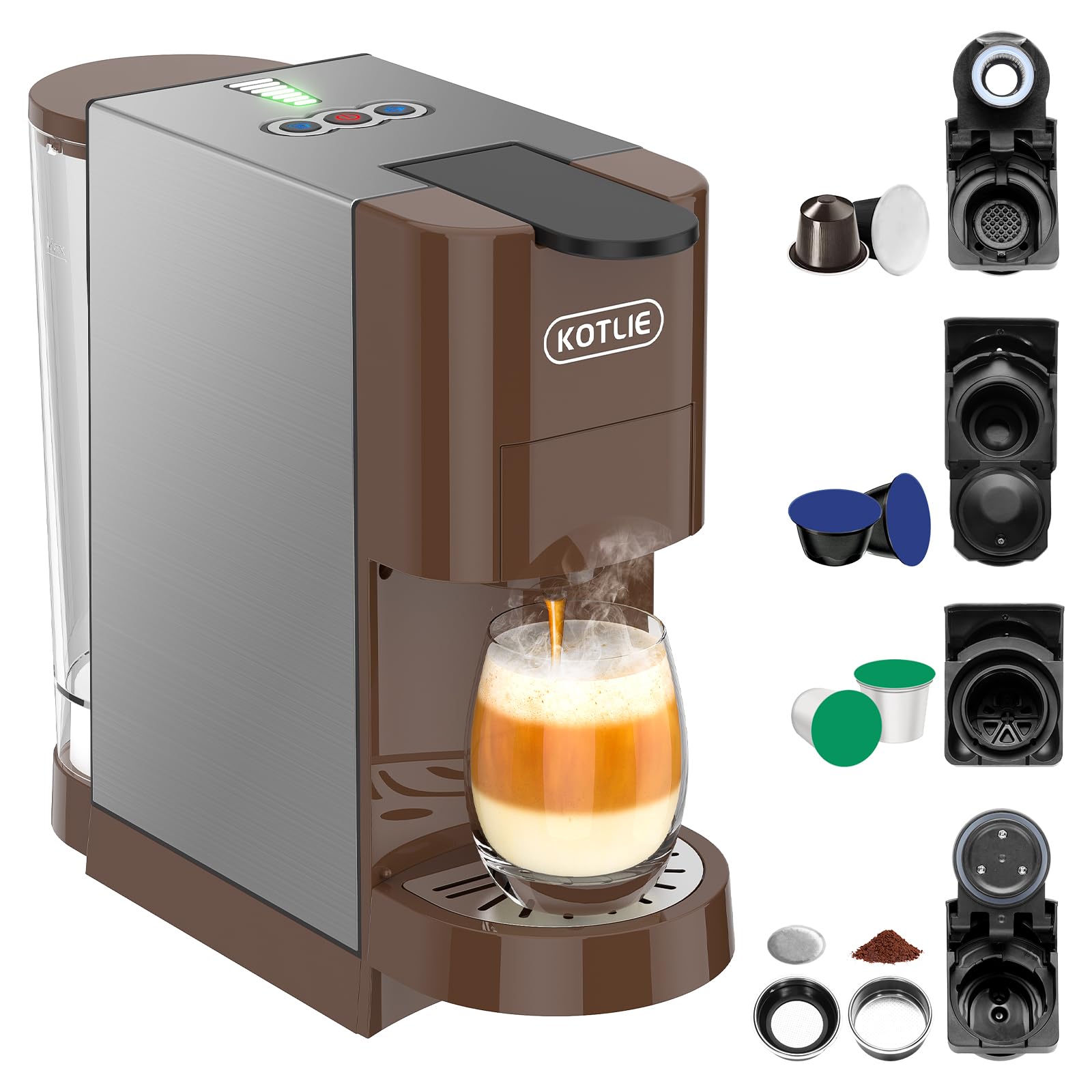 KOTLIE 5-in-1 Espresso Machine with 19Bar Pressure - Compatible with NES* Original, Dolce Gusto, K-Cup, Ground Coffee & illy 44mm ESE Pods | Hot & Cold Brew Coffee Maker with 7 Water Levels (AC-513HF) | Perfect for Home, Office & Small Cafes