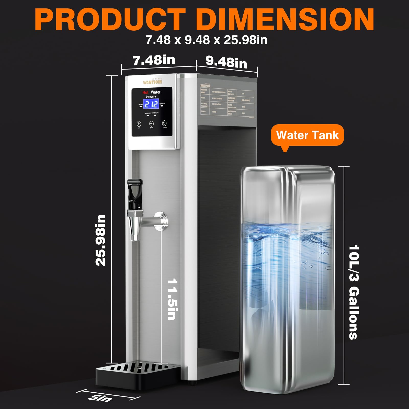 WantJoin Commercial Hot Water Dispenser 20L (5.2GAL) per Hour - Electric Countertop Water Boiler with Step Heating & Auto Temperature Control (32°F-212°F) - 1800W for Boba Tea, Coffee Shops, Offices & Restaurants - Perfect for Brewing, Food Service & High-Demand Environments