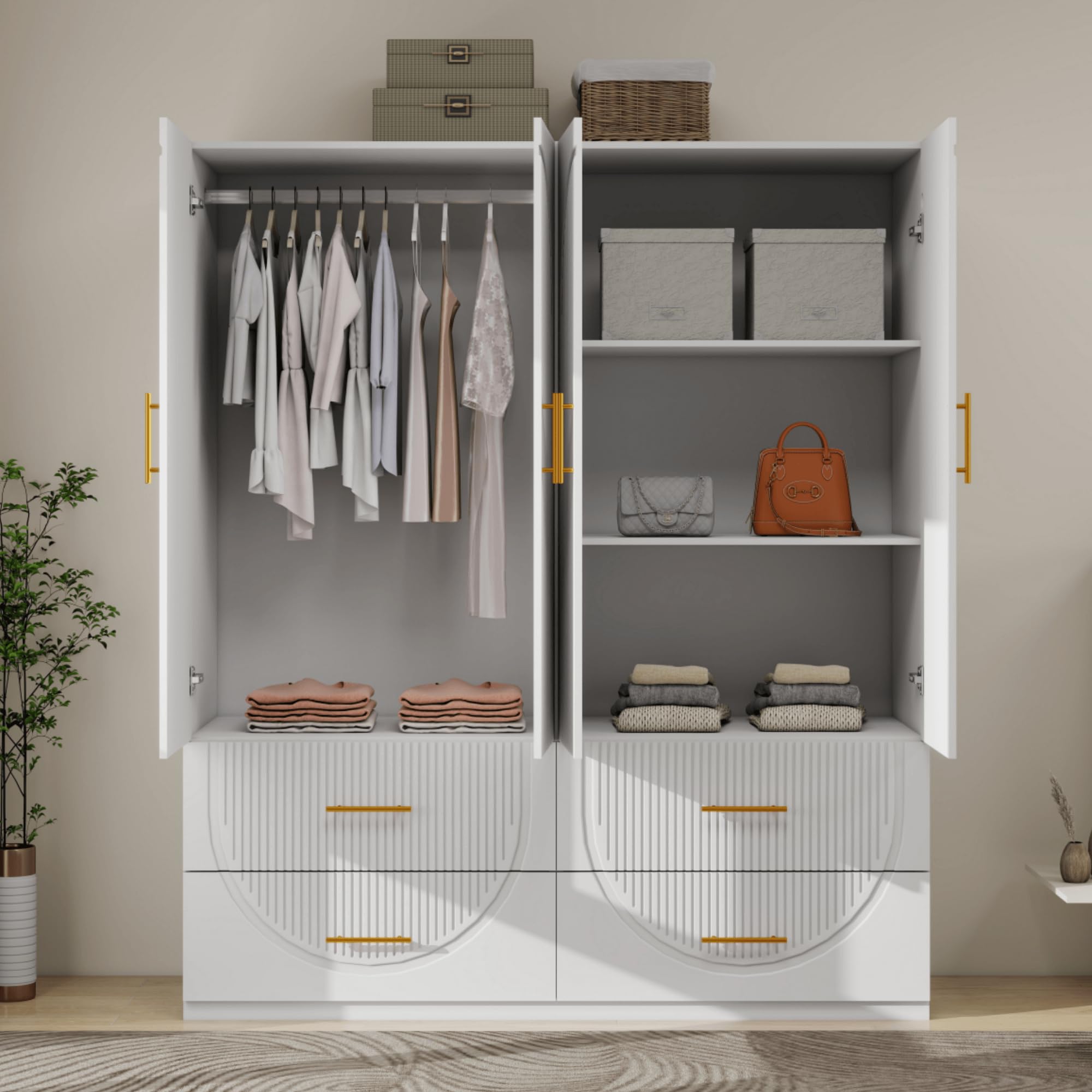 Modern White Wood Wardrobe Armoire - 74