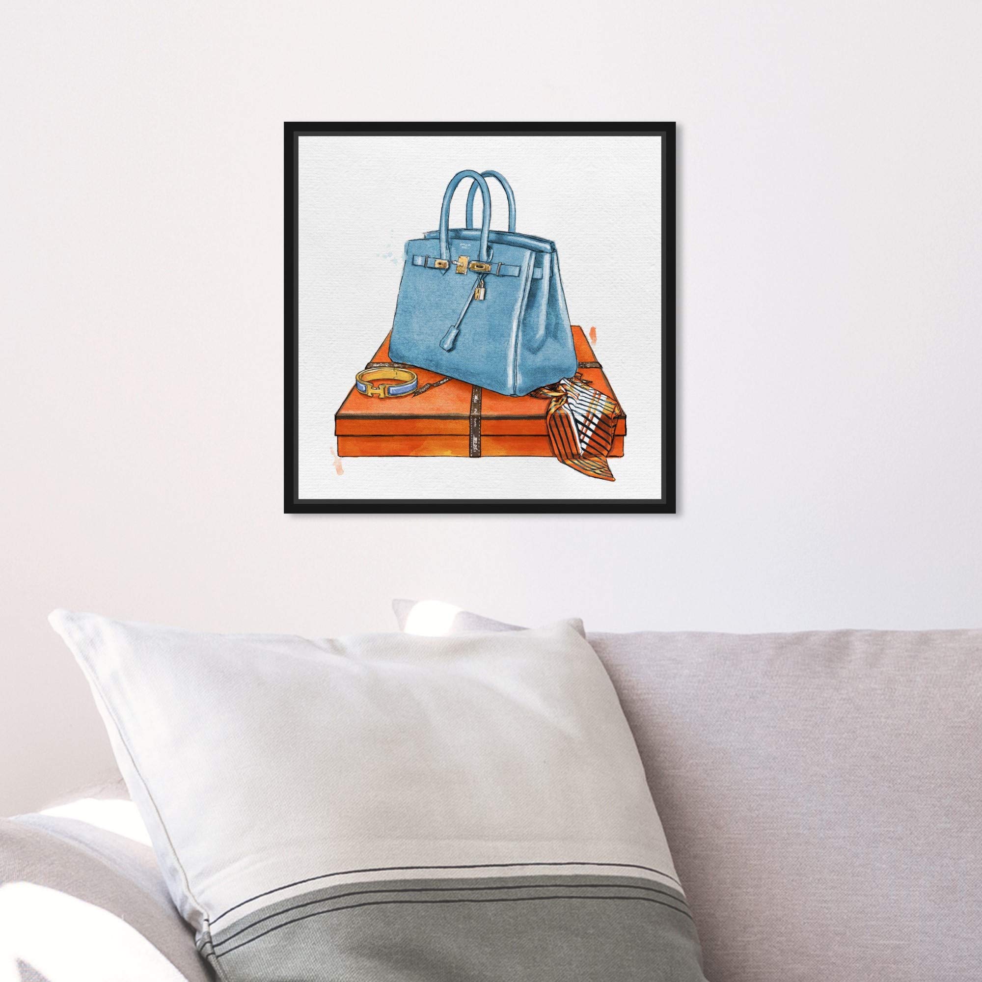 Oliver Gal Artist Co. 'My Bag Collection III' Handbag Wall Art - 12x12 Inch Fashion & Glam Framed Canvas Print in Blue & Orange - Perfect for Living Room, Bedroom or Office Décor