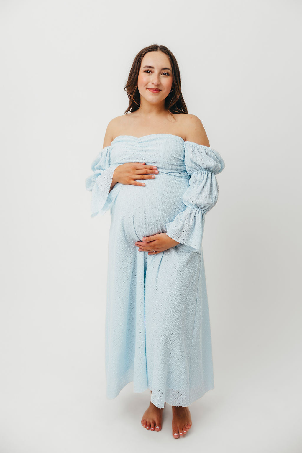 Corrine Tiered Sleeve Maxi Dress with Pockets - Baby Blue Maternity Dress | Bump Friendly & Comfortable for Pregnancy, Nursing, Baby Showers and Special Occasions