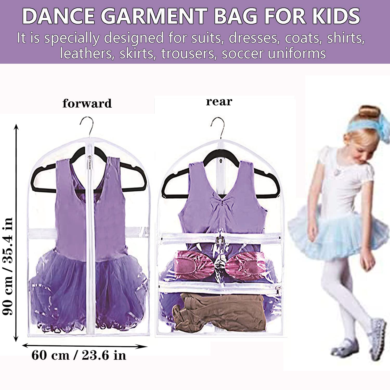35 Inch Clear Kids Dance Garment Bag - Waterproof PVC Hanging Clothes Organizer with 3 Pockets for Dance Costumes, Sports Wear & Skating Outfits | Perfect for Theatre Performances, Beauty Pageants & Travel Storage